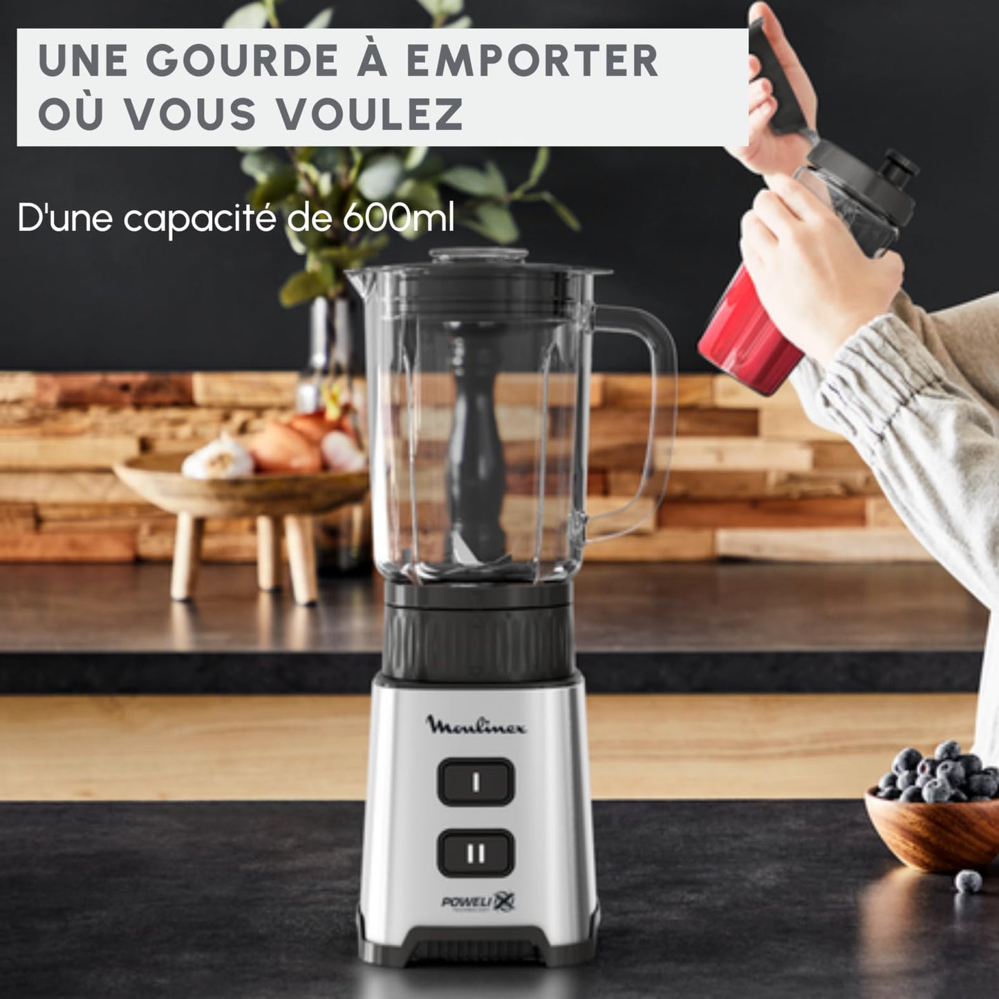 Moulinex Blender, Mini mixeur compact, 400 W, Technologie Powelix, Lames amovibles, 2 vitesses, Contrôle de la texture, Verseuse en verre, Bouteille à emporter en Tritan, Pulseo, Métal LM17GD10