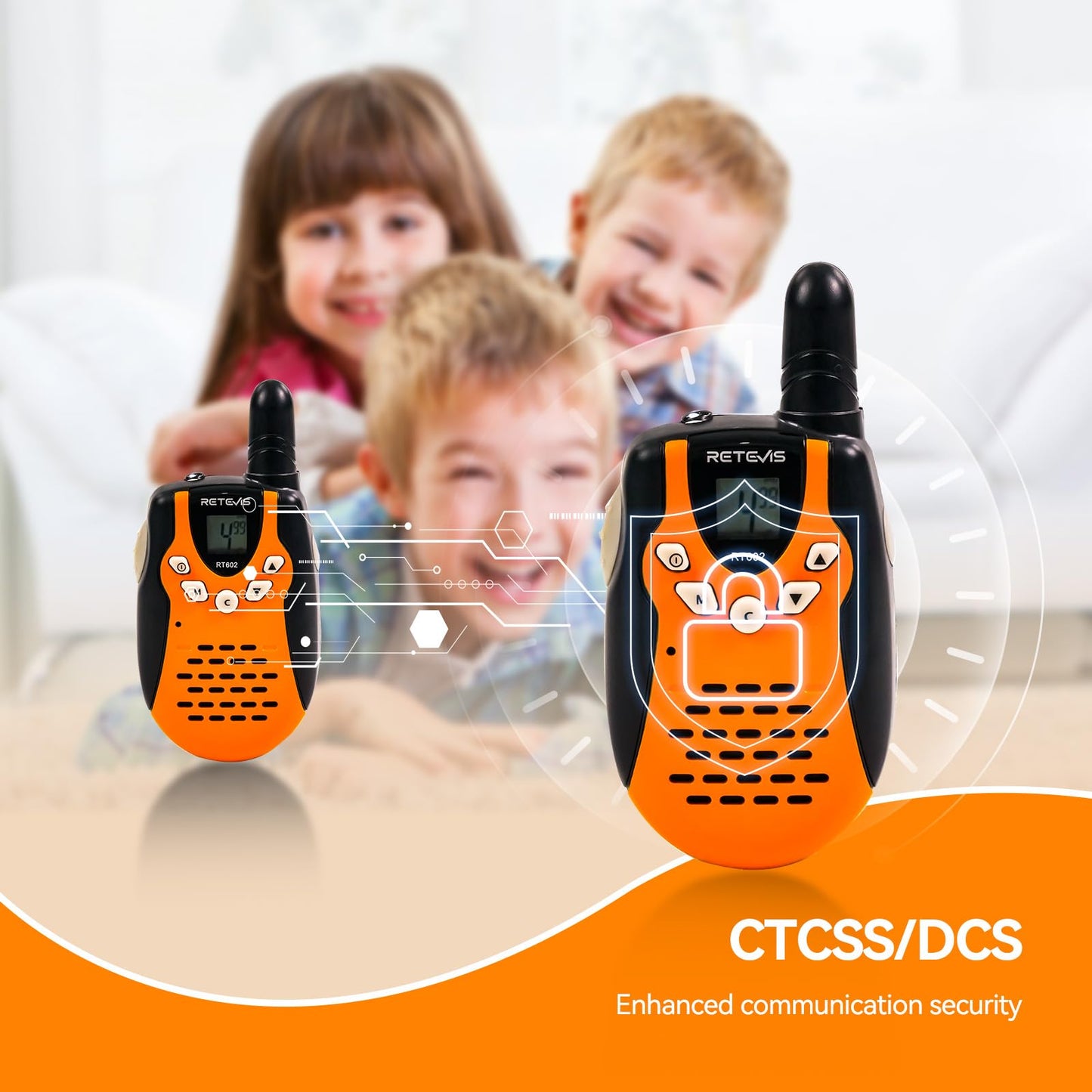 Retevis RT602 Talkie Walkie Rechargeable, Jouet Enfant avec Base de Chargement et Li ION Batterie, Lampe Poche, Cadeau pour Camping, Aventure, Jeux de Jardin(1 Paire, Orange)