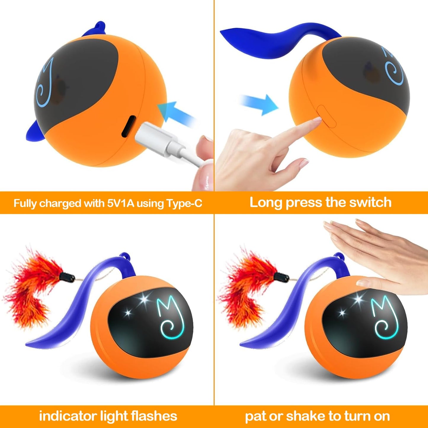 Migipaws Ensemble de Jouets interactifs pour Chat, traqueur Amusant, Balle de Poursuite Automatique à Rouler avec Queue Moelleuse, Une Petite Souris, Rechargeable (Orange)