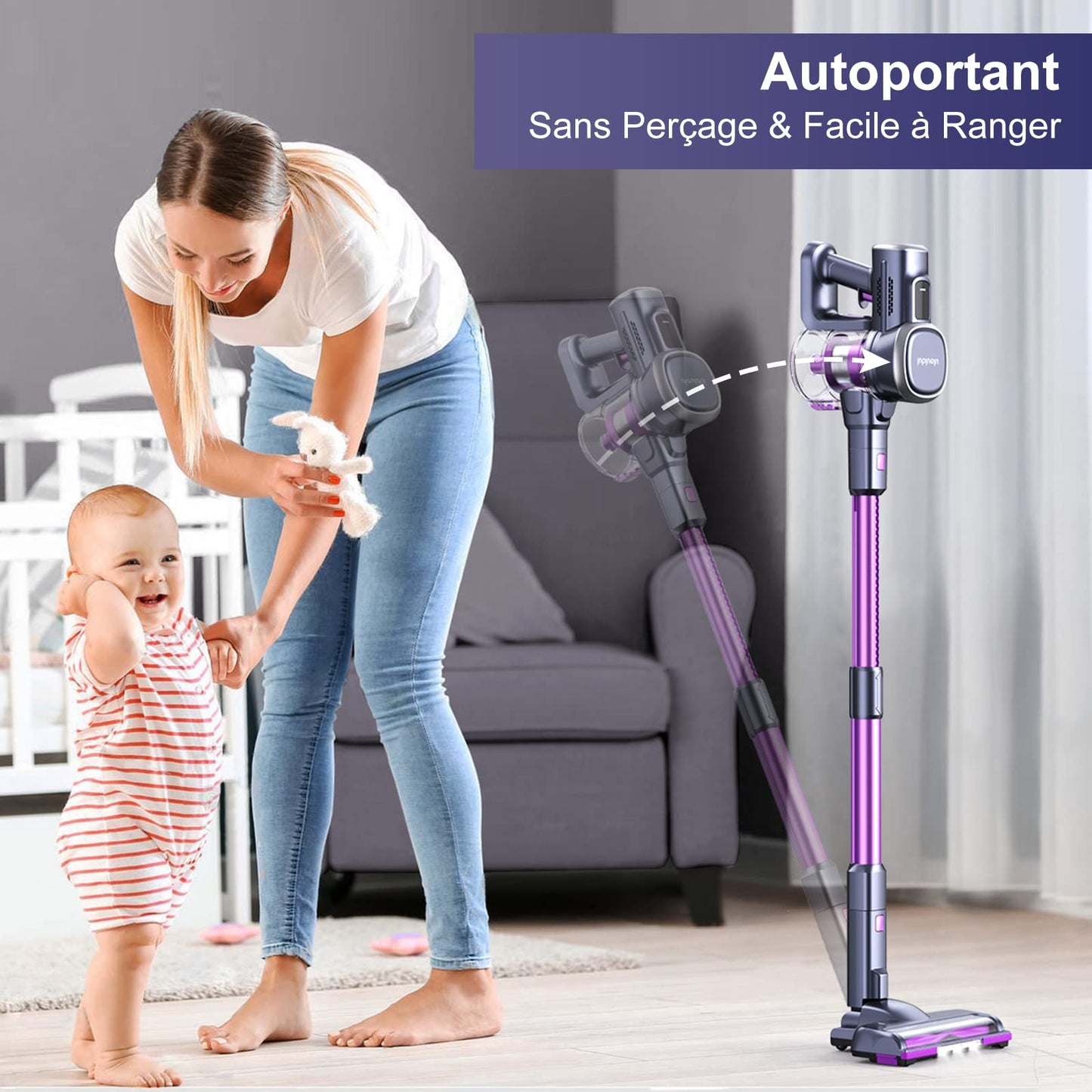 Lubluelu Aspirateur Balai sans Fil 27000pa, Aspirateur sans Fil Puissant 220W, 50min d'Autonomie Aspirateur avec Brosse Anti-Emmêlementet et 2 Filtre pour Sol Dur, Tapis et Poils d'animaux.