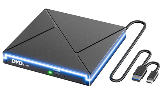 Lecteur CD/DVD Externe pour PC, USB 3.0 et USB-C Graveur DVD Externe avec RGB, Portable CD/DVD -/+RW Drive, Mince DVD Player Transmission Rapide Câble USB Intégrée pour Windows/MacOS/Laptop/Desktops