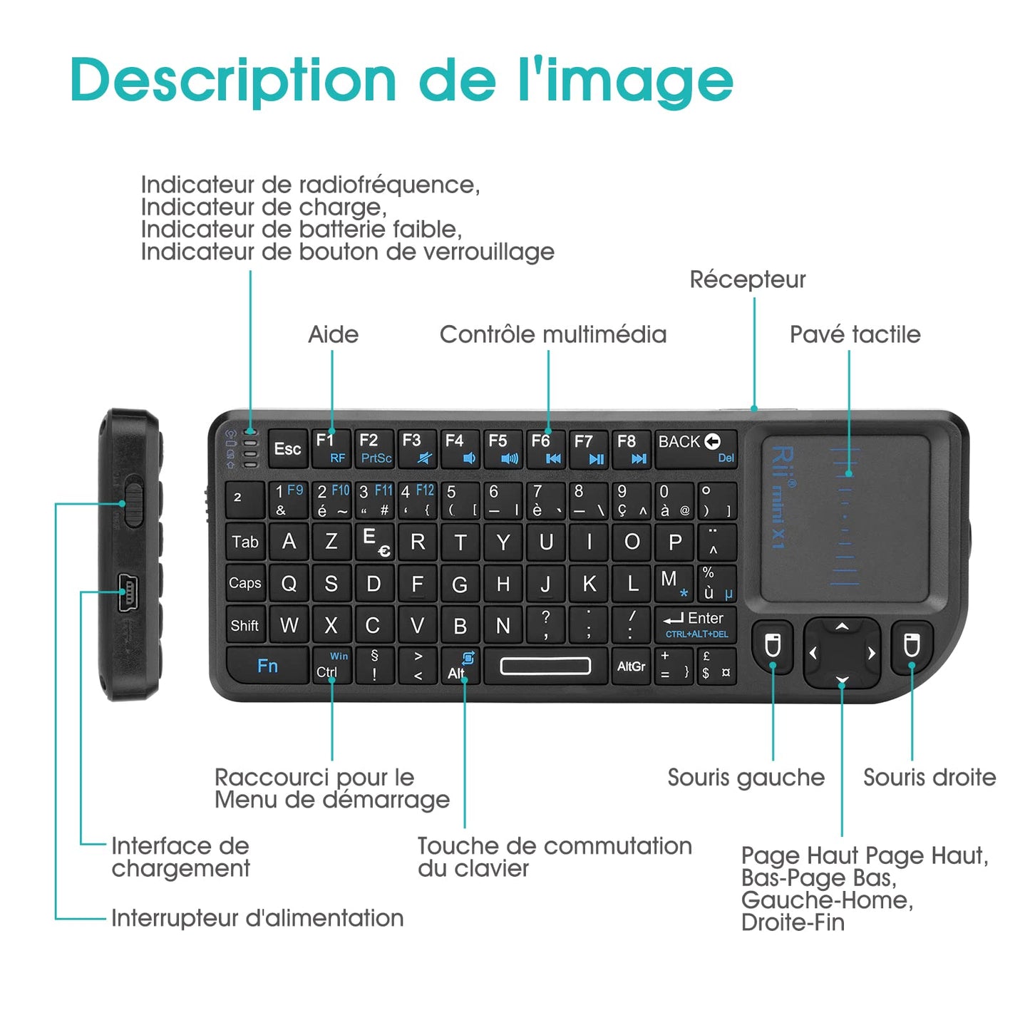 Rii Mini Clavier K01X1 sans Fil(AZERTY) 2,4 Ghz avec Touchpad pour PC, Pad, Xbox 360, PS3, TV Box Google Android, HTPC, IPTV. …