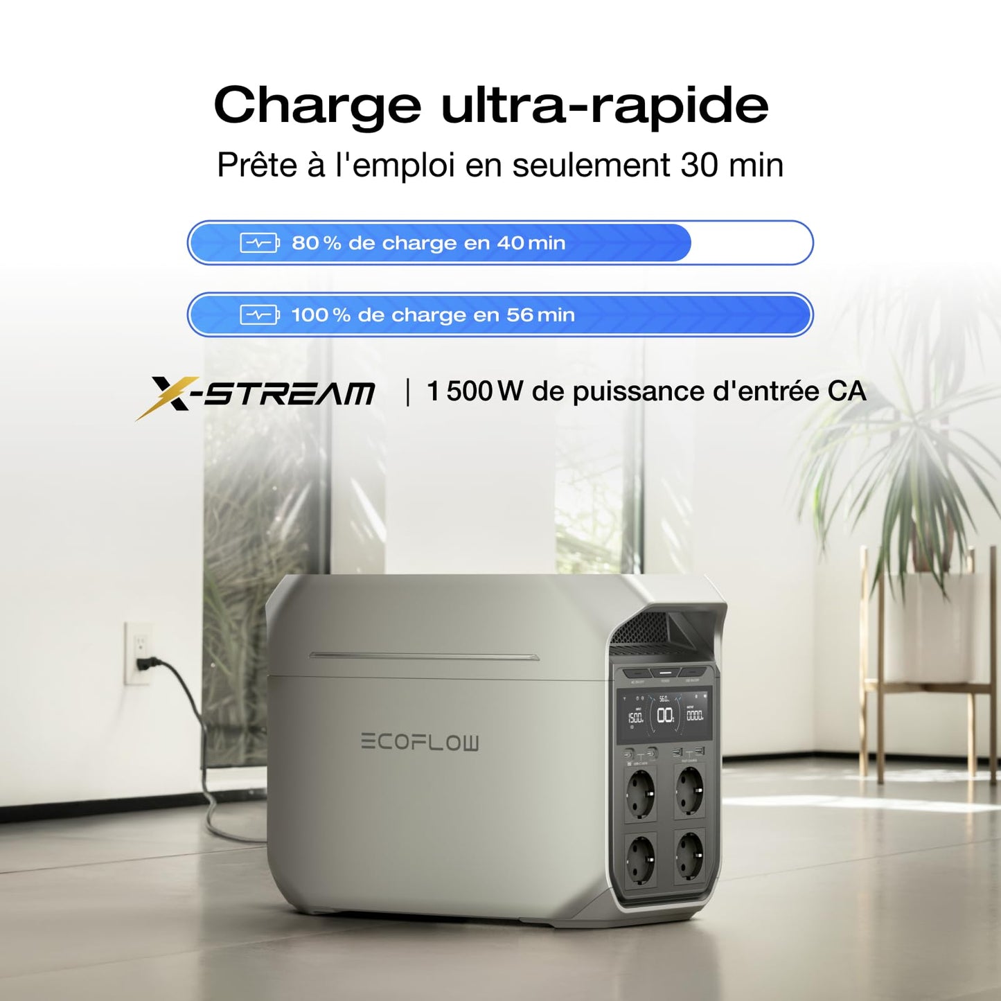 Station électrique portable EF EcoFlow DELTA 3 Plus,1024 Wh de capacité, batterie LiFePO4, charge complète en 56 min, 1800W de puissance de sortie, pour camping, RV, l'alimentation de secours