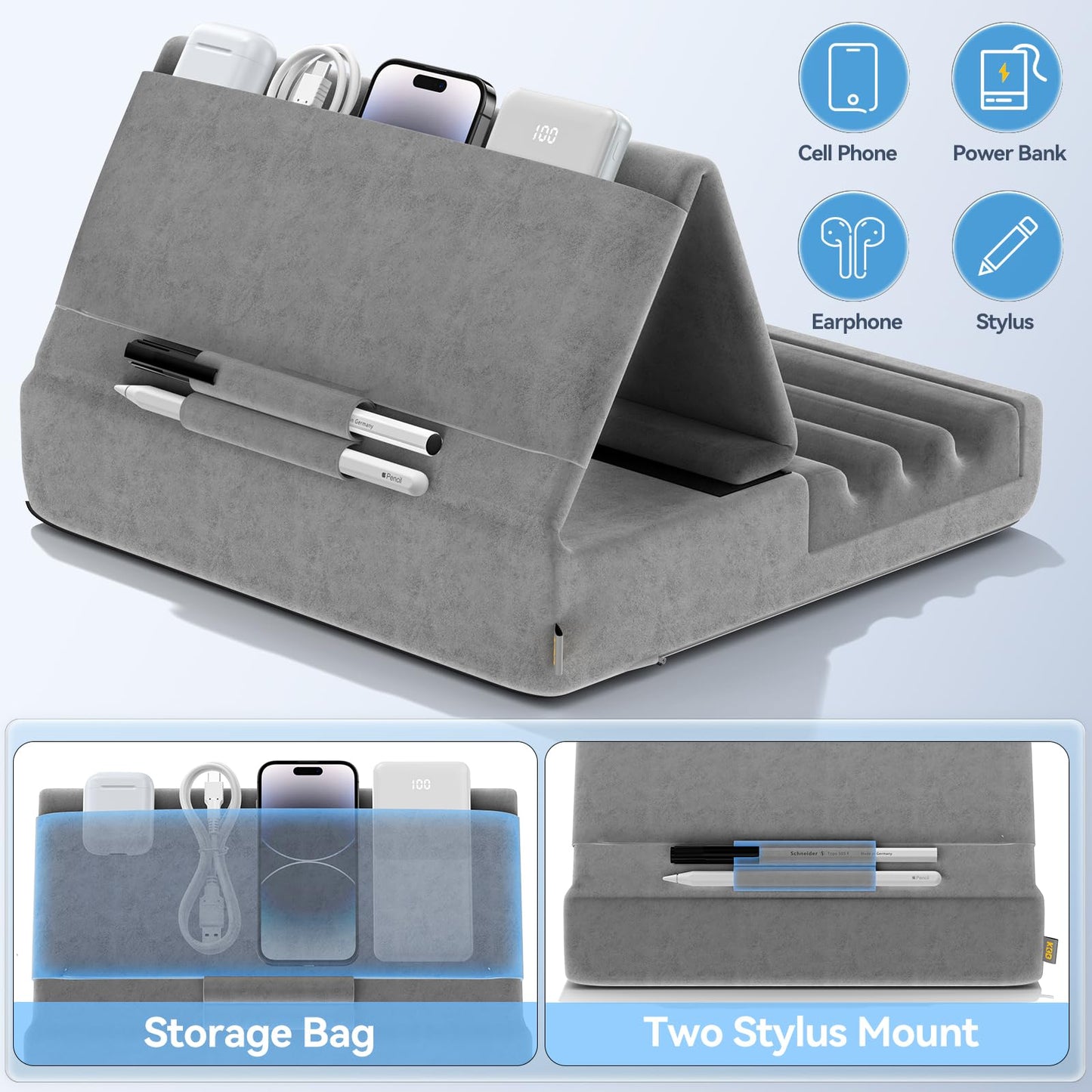 KDD Coussin de Support pour Tablette, Support Ipad Pliable pour Lit, Genoux, Bureau - Oreiller Repose Tablette avec Pochette & Support de Stylet pour Ipad Pro 12.9 10.5 9.7 Air Mini 6 5 4, Gris