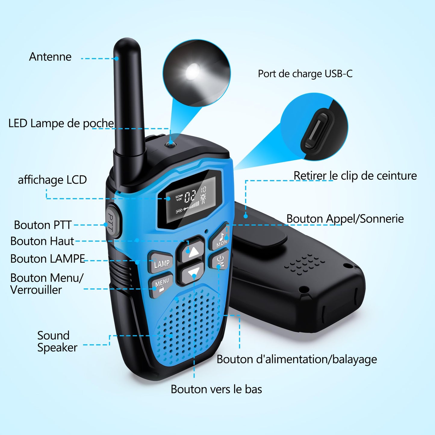 Talkie Walkie Enfants Adultes Rechargeable,NXGKET 2 pièces - Longue Portée 5KM, avec Batteries Li-ion intégrées VOX 16 Canaux Radio Lampe pour Camping Jeu d'Aventure Randoneé