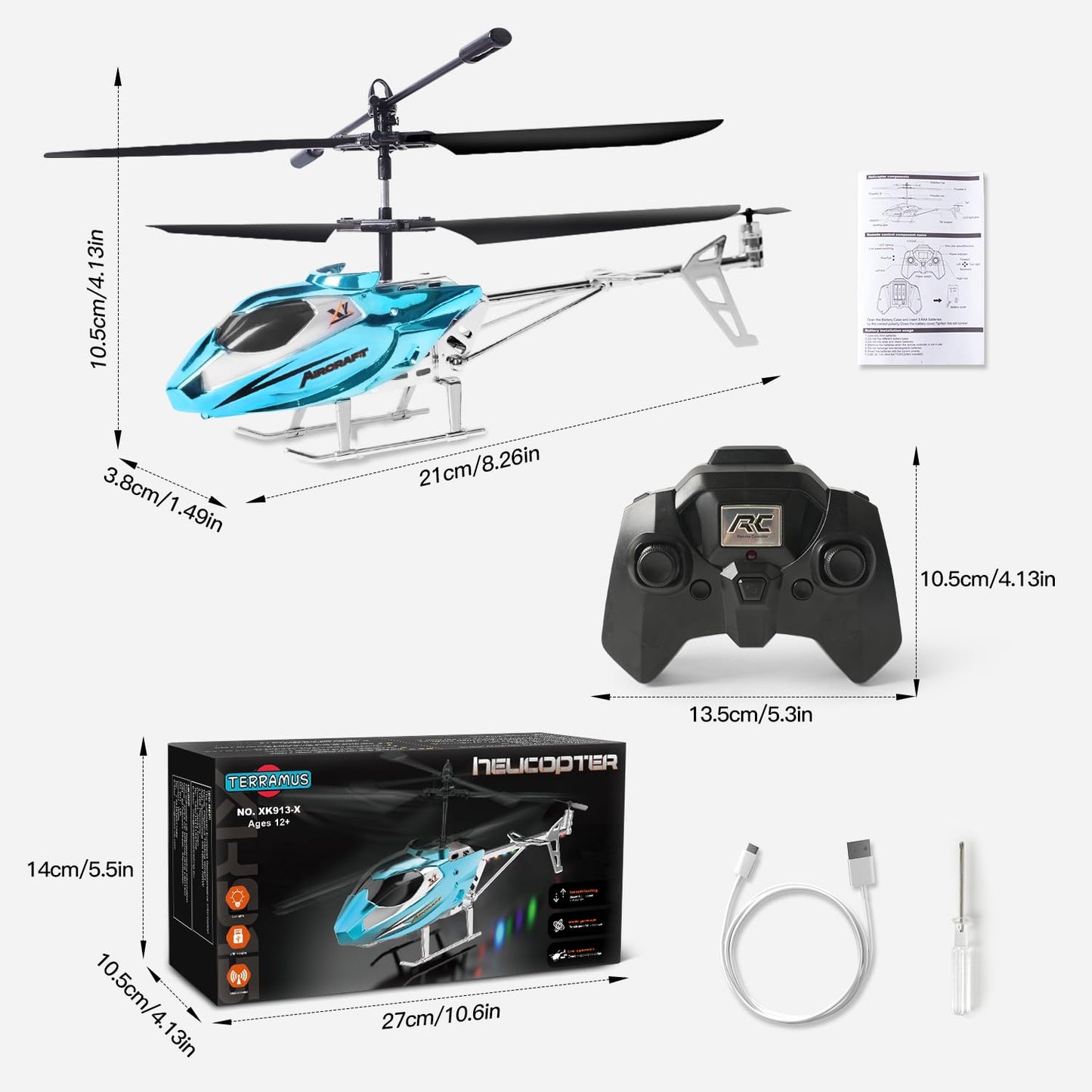 TERRAMUS Hélicoptère RC, Hélicoptère Télécommandé 2.4G avec Lumière LED, à Maintien d'altitude avec Gyroscope, Décollage par Une Seule Touche, Avions d'intérieur pour Les Enfants Adulte