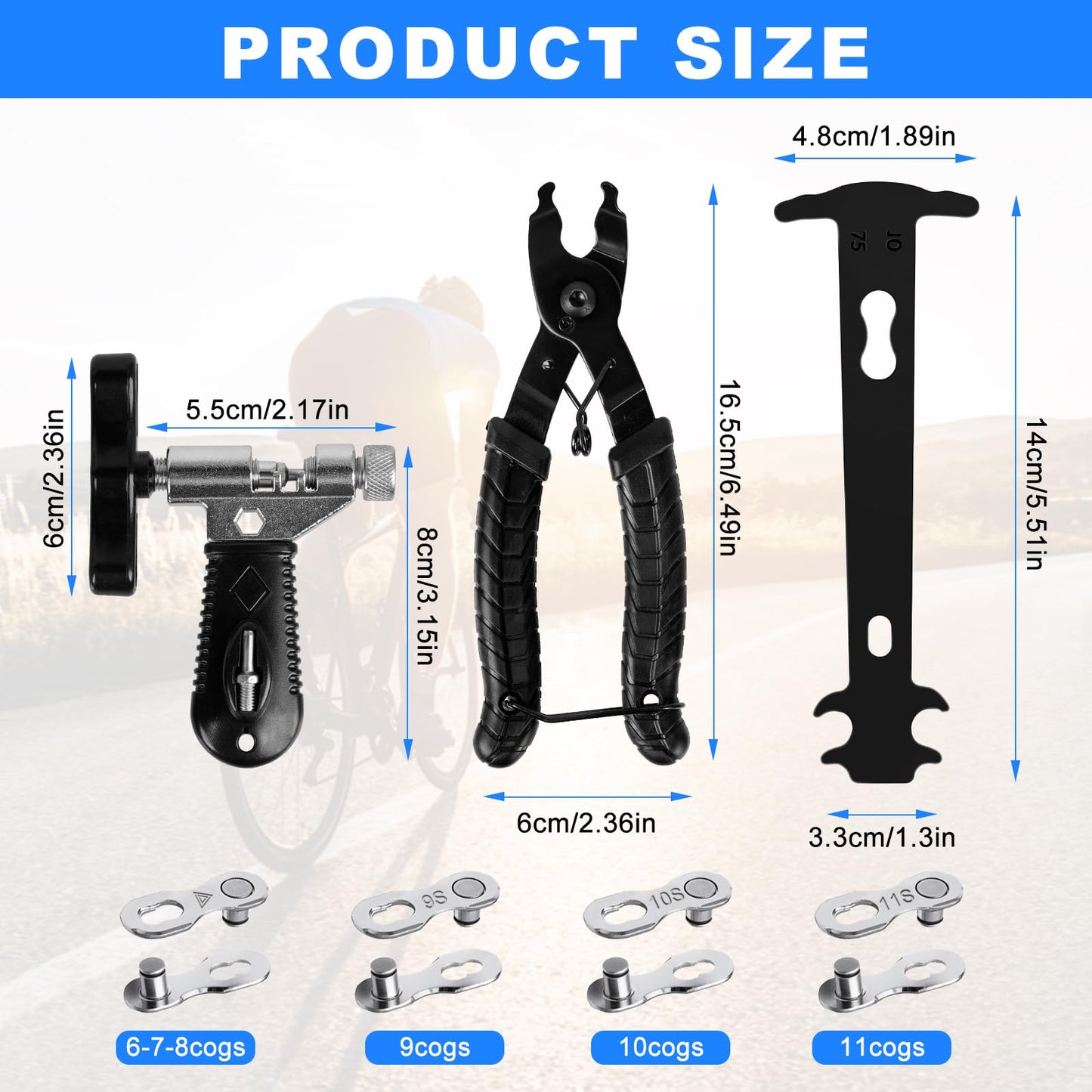 Dérive de Chaîne pour Vélo, Ensemble D'outils de Chaîne de Vélo pour 6 7 8 9 10 11 Vitesses, Outil de Chaîne de Vélo Bike Chain Plier + Chain Splitter + Chain Wear Indicator + Bicycle Missing Link