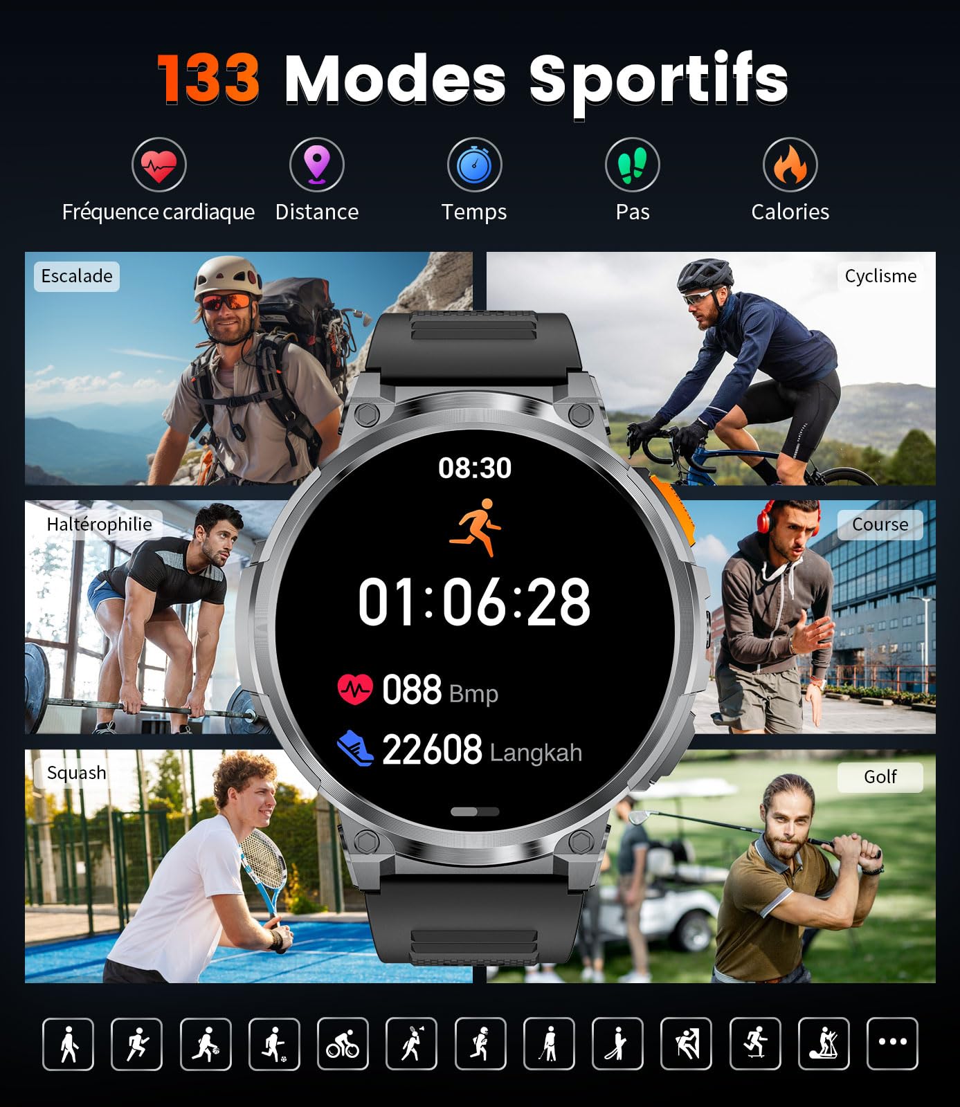 LIGE Montre Connectée, 1,85 "HD IPS Écran Tactile, avec Lampe de Poche/IP68 Montre Intelligente Waterproof/730mAh Batterie/120 + Modes Sportifs, Surveillance de la santé 24/7, Android iOS