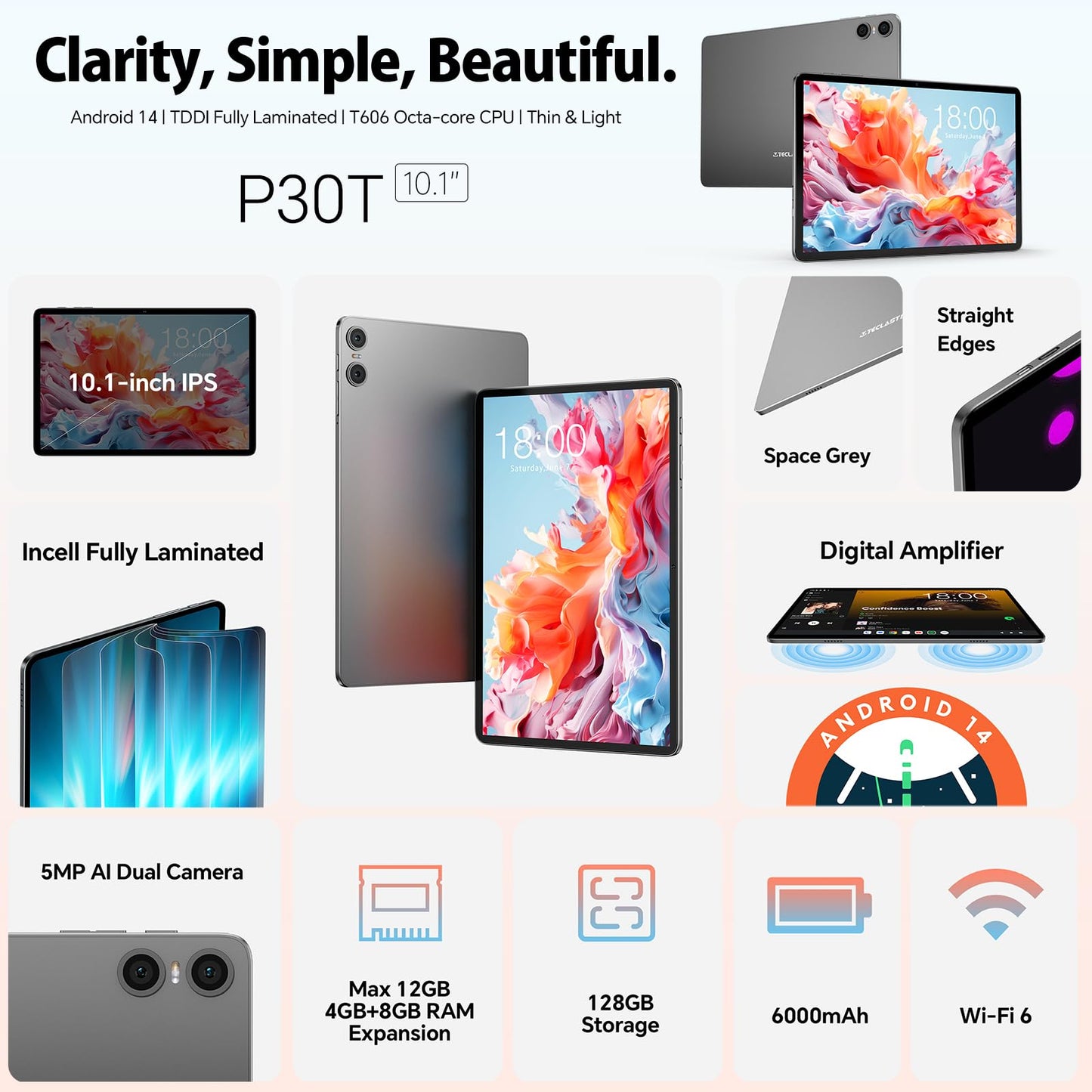 TECLAST P30T Tablette Tactile 10 Pouces Android 14 10-Accessoire, 12Go RAM+128Go ROM(4To TF), T606 Octa-Core 2GHz CPU, Tablet avec Clavier+étui+Stylet, 5G WiFi/Widevine L1/GPS/BT5/6000mAh/3.5MM [2025]