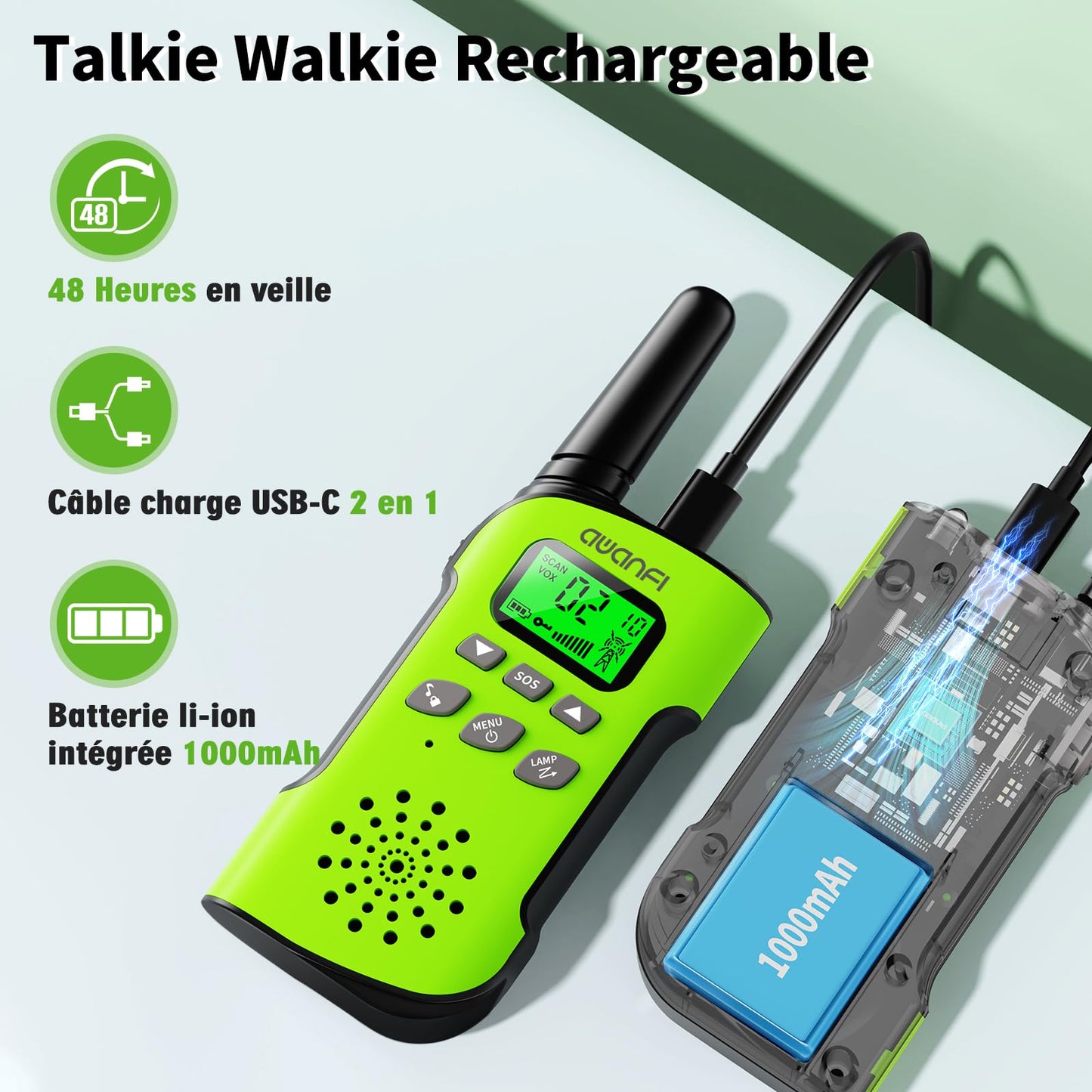 AWANFI Talkie Walkie Rechargeable Enfants Adultes 2 Pièces, Talkie-Walkie Longue Portée Lampe Torche 8 Canaux, Walkie Talkie USB Type C pour Camping, Randoneé, Vélo, Cadeau Jouet pour Fille et Garçon