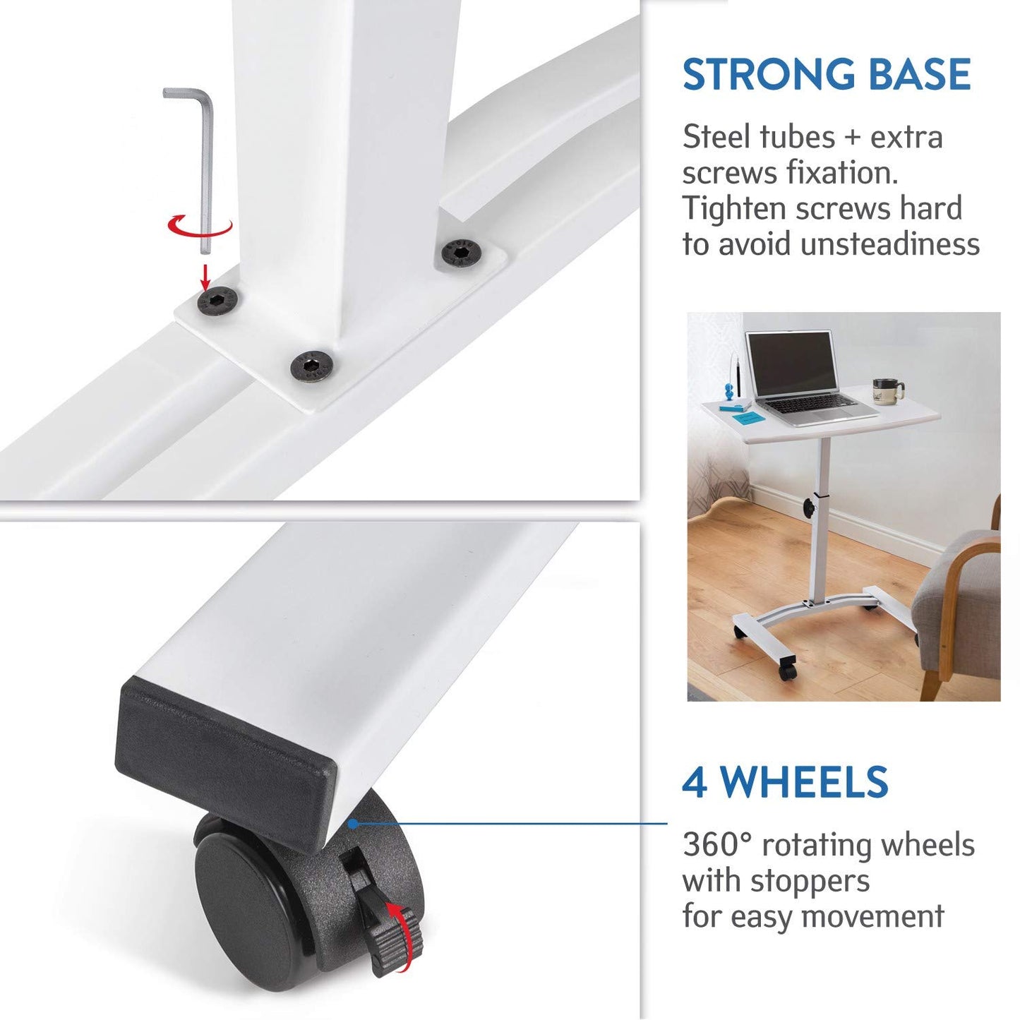 Tatkraft Cheer, Table pour Ordinateur Portable Mobile, Bureau Réglable en Hauteur 52-84 cm, 4 roulettes avec Freins, Blanc