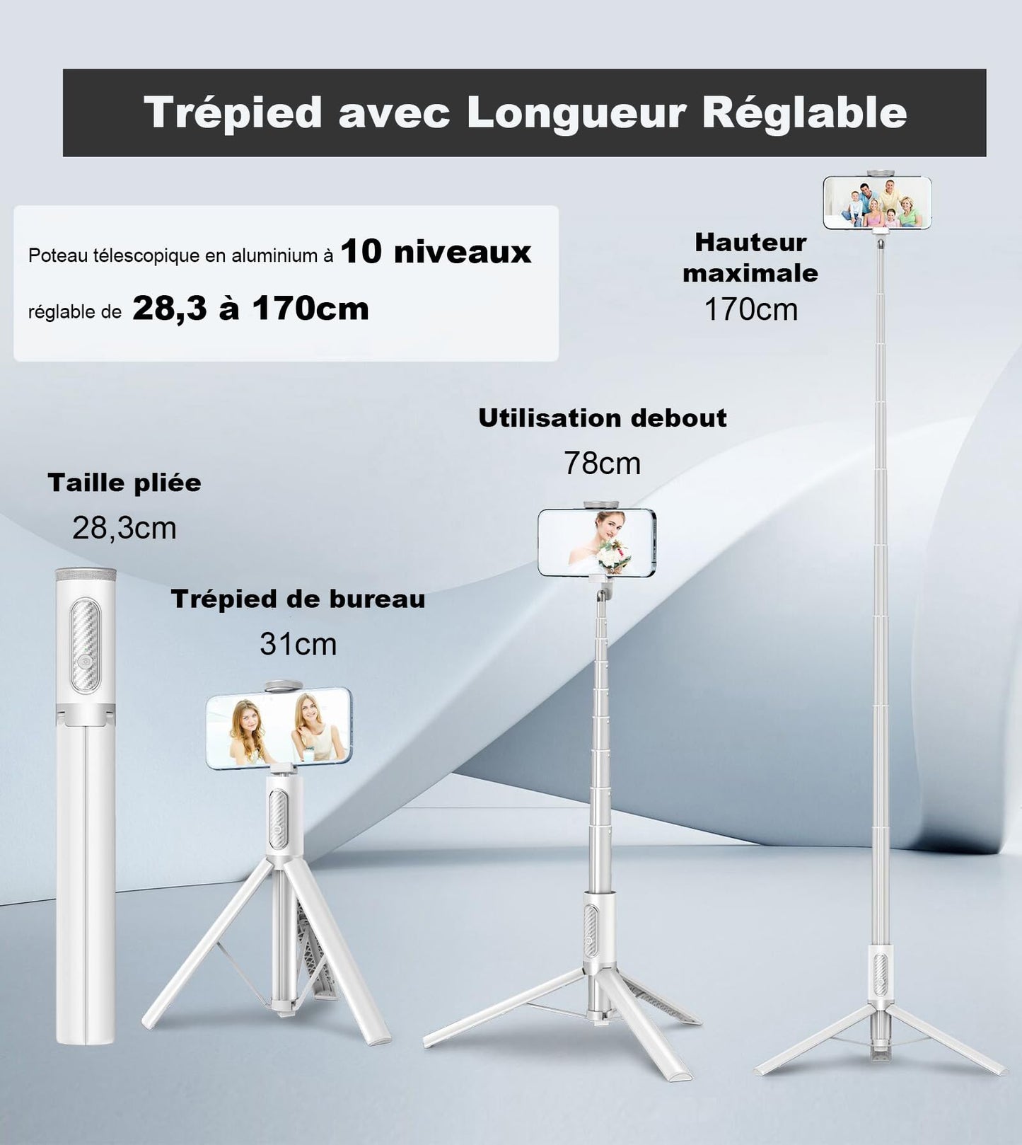 TONEOF 170CM Trépied Voyage, Tout-en-1 Perche Selfie Trépied avec Télécommande sans Fil, Extensible,Portable, Support Téléphone Rotatif pour iPhone/Samsung-Blanc