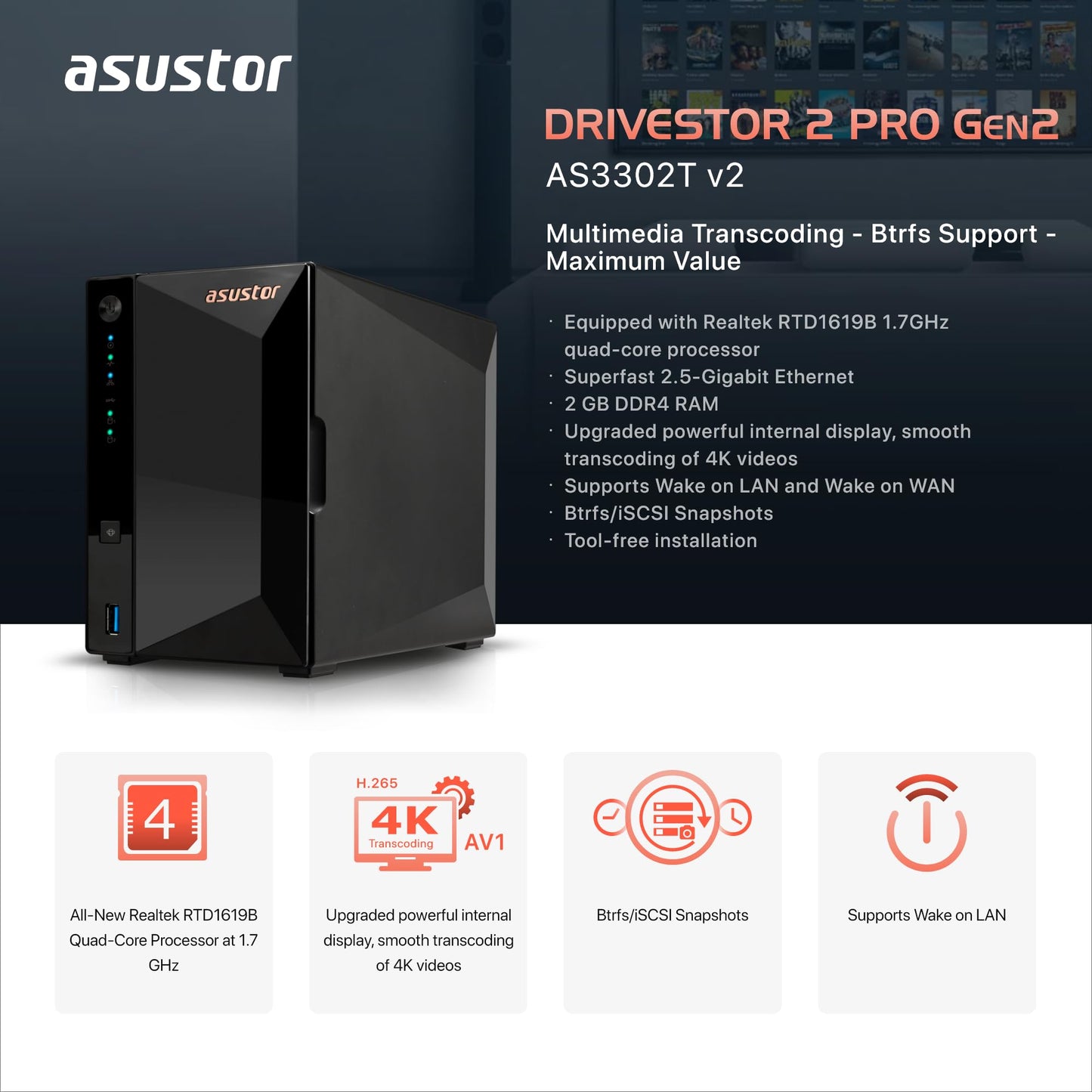 Asustor Drivestor 2 Pro Gen2 AS3302T v2 Boîtier de Stockage réseau NAS à 2 Baies, 1,7 GHz Quad-Core, Port 2,5 GbE, 2 Go de RAM DDR4, Stockage réseau connecté pour Stockage Cloud (diskless)