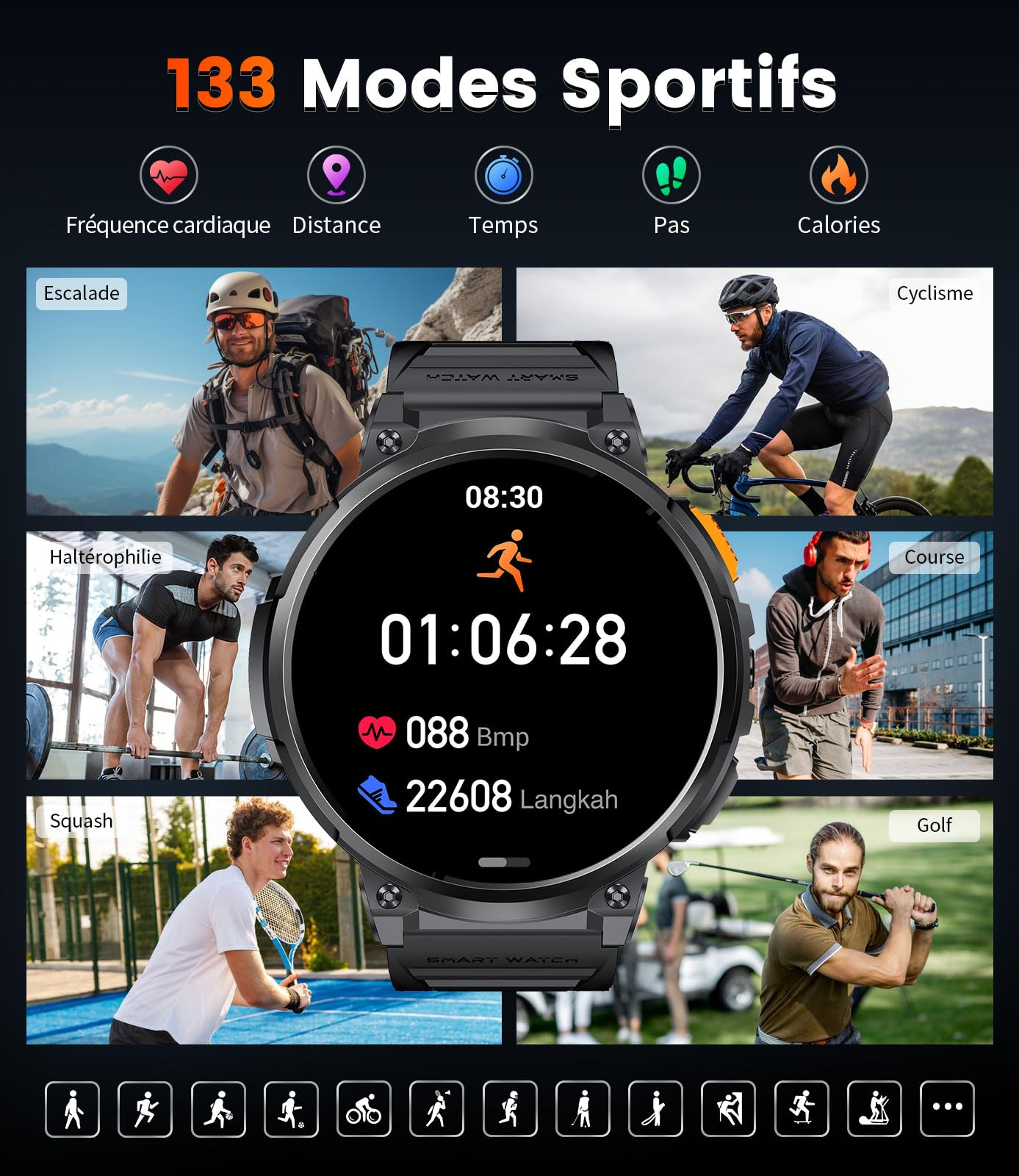 LIGE Montre Connectée Homme, 1,85 "HD IPS Grand Écran, 730mAh Batterie Montre Connectée Sport, 120 + Modes Sportifs, IP68 Montre Connectée Waterproof, Fréquence Cardiaque 24/7, Android iOS