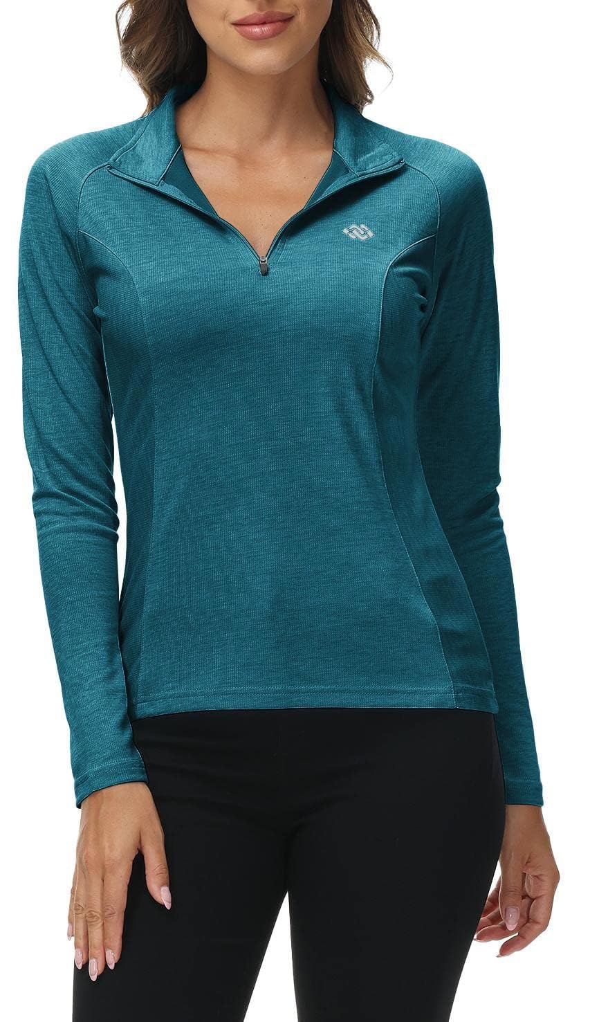 AjezMax Femme Shirt de Running Manches Longues - Vêtement de Sport Hiver Mi-Zippé Bleu mer M