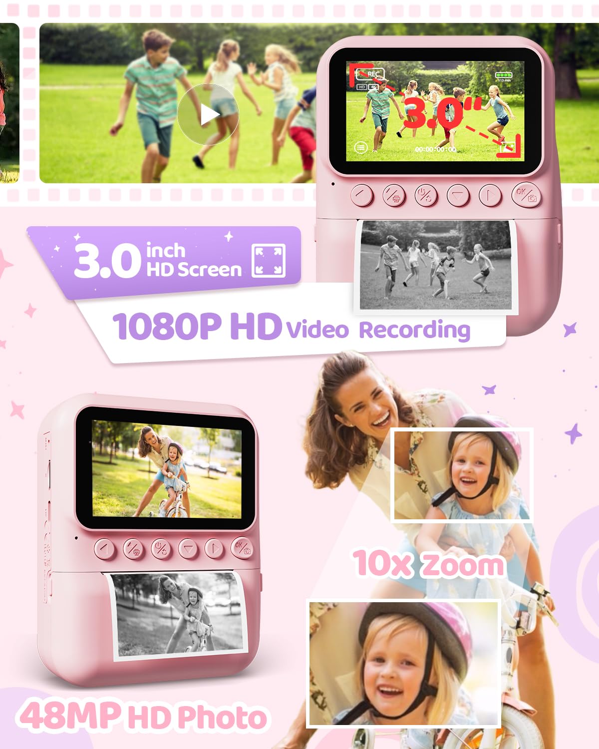 Appareil Photo Instantané Enfant, TIATUA 3.0" Grand Écran 48MP 1080P HD Appareil Photo Numérique Enfant avec Carte 32GB et Papier Photo Imprimé, Stylos Colorés, Cadeau pour Filles Garçons 3-12 Ans