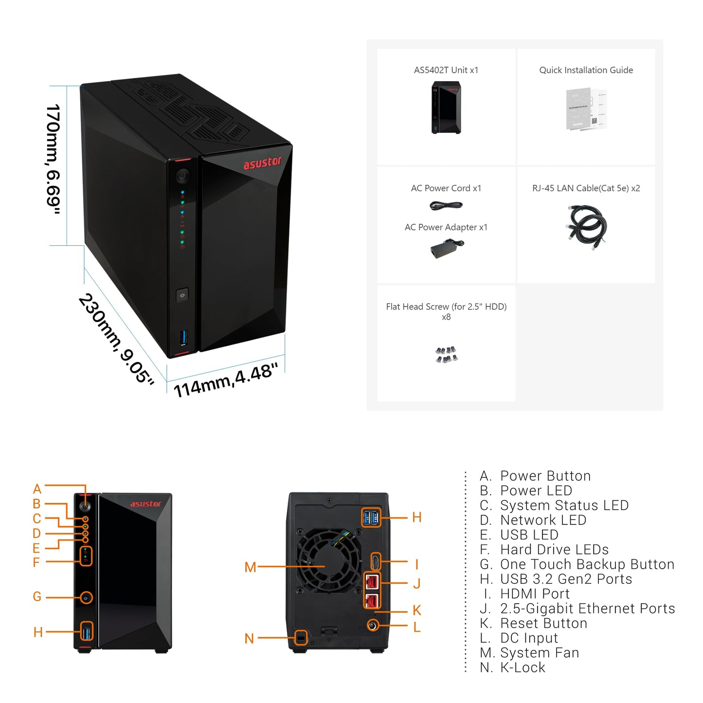 Asustor AS5402T Nimbustor 2 Gen2 - Serveur NAS 2 Baies, Quad-Core 2.0GHz CPU, 4 emplacements M.2 NVMe SSD, Deux Ports 2.5GbE, 4GO RAM DDR, Serveur de Stockage en réseau (sans disques)