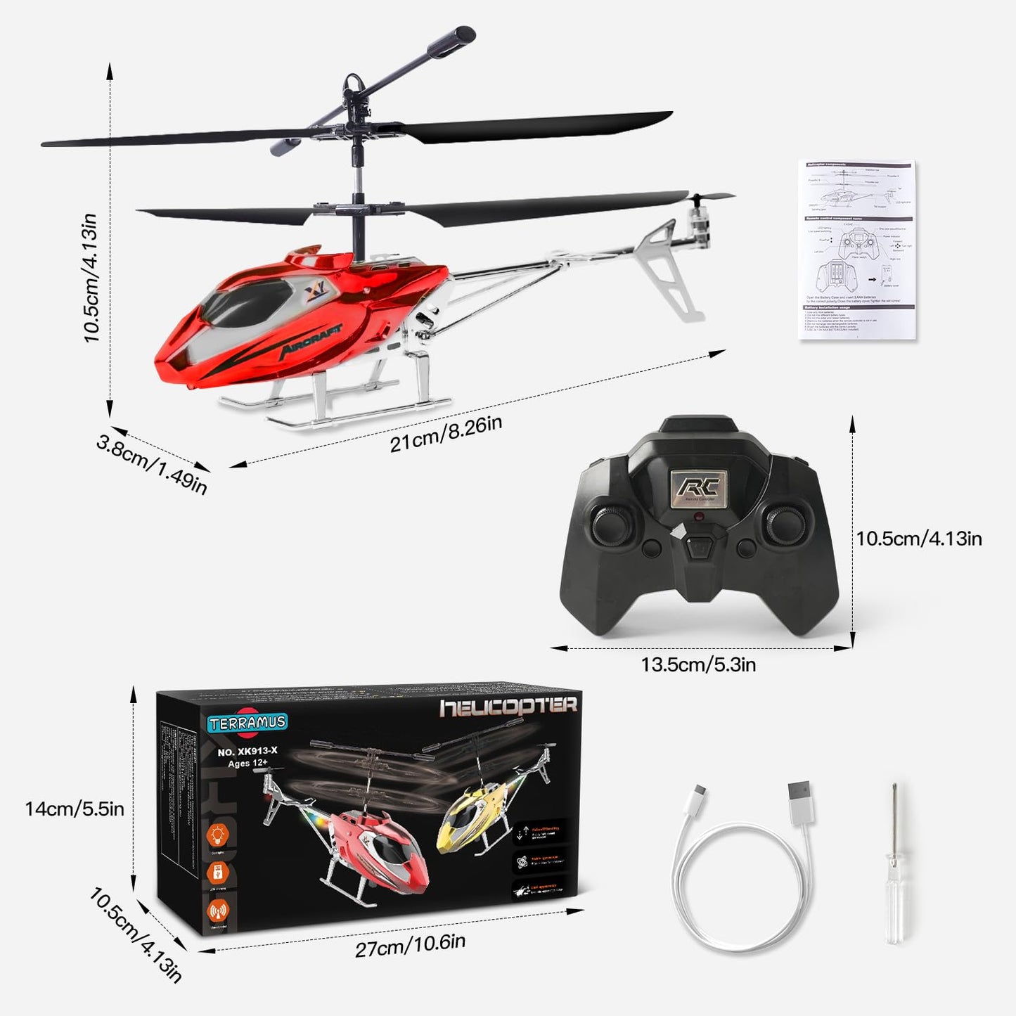 TERRAMUS Hélicoptère RC, Hélicoptère Télécommandé 2.4G avec Lumière LED, à Maintien d'altitude avec Gyroscope, Décollage par Une Seule Touche, Avions d'intérieur pour Les Enfants Adulte