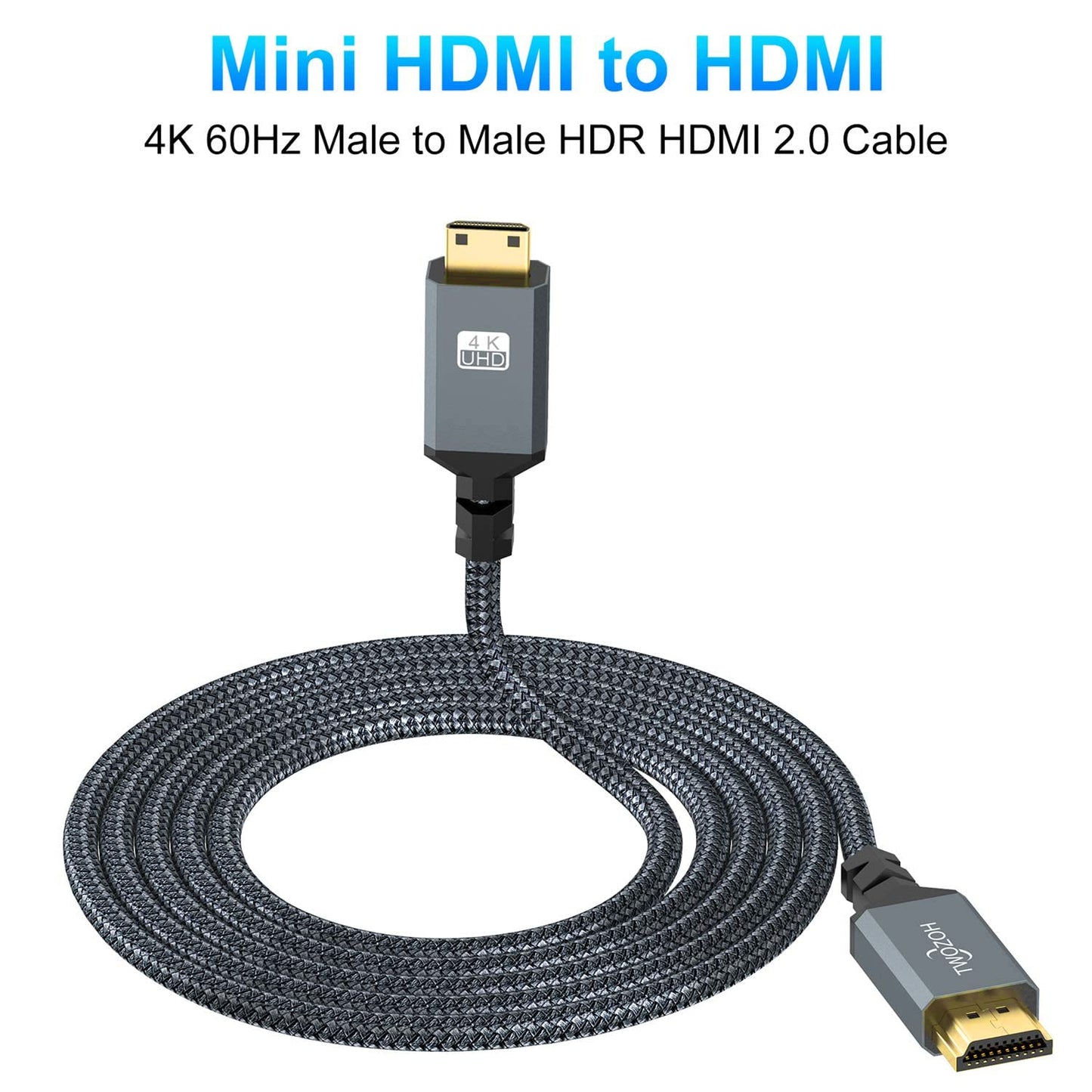 Twozoh Câble Mini HDMI vers HDMI 2M, Nylon tressé 4K Câble Mini HDMI C vers Full HDMI A, Supporte 3D Ethernet ARC 4K 60Hz 1080p