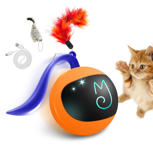 Migipaws Ensemble de Jouets interactifs pour Chat, traqueur Amusant, Balle de Poursuite Automatique à Rouler avec Queue Moelleuse, Une Petite Souris, Rechargeable (Orange)