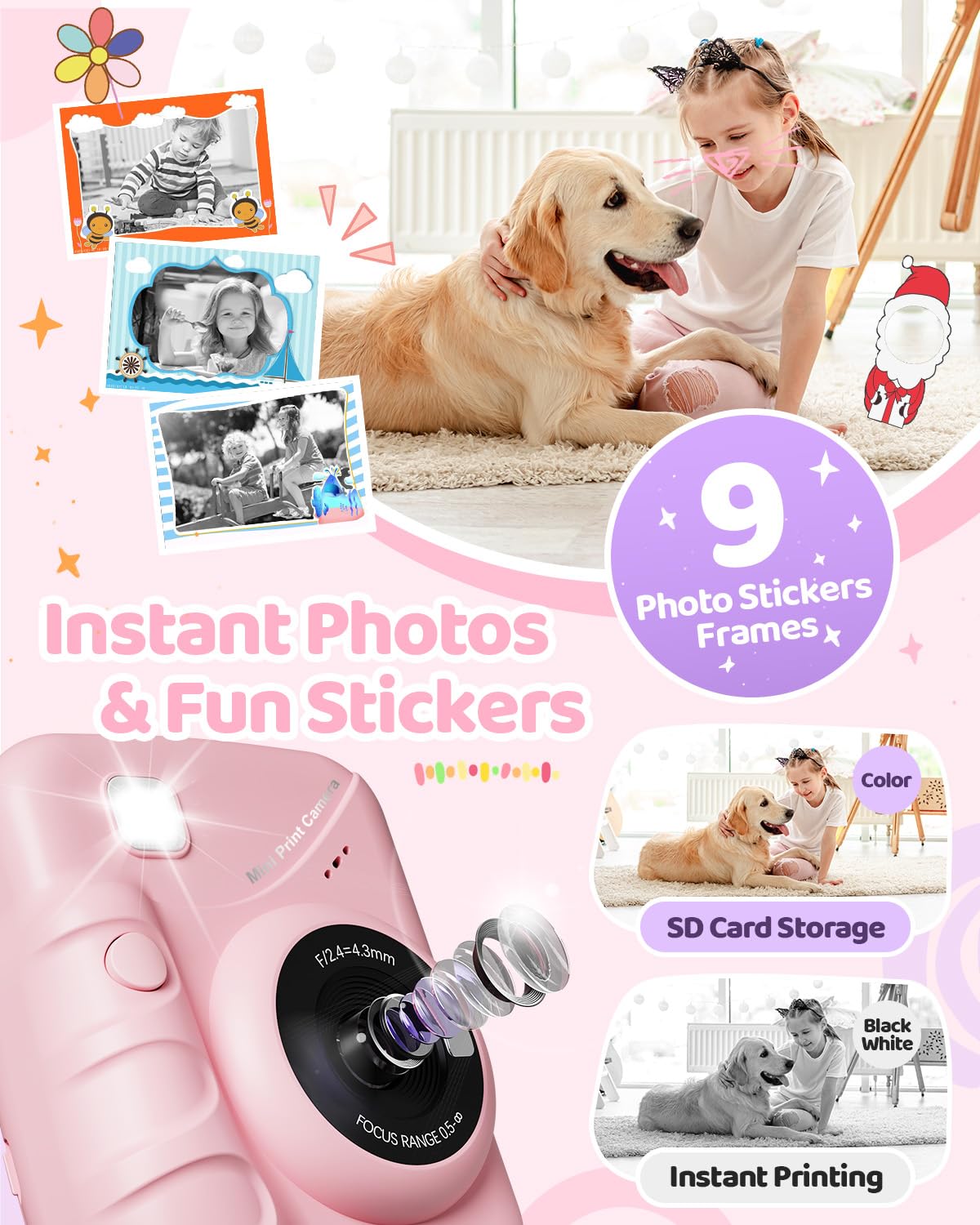 Appareil Photo Instantané Enfant, TIATUA 3.0" Grand Écran 48MP 1080P HD Appareil Photo Numérique Enfant avec Carte 32GB et Papier Photo Imprimé, Stylos Colorés, Cadeau pour Filles Garçons 3-12 Ans