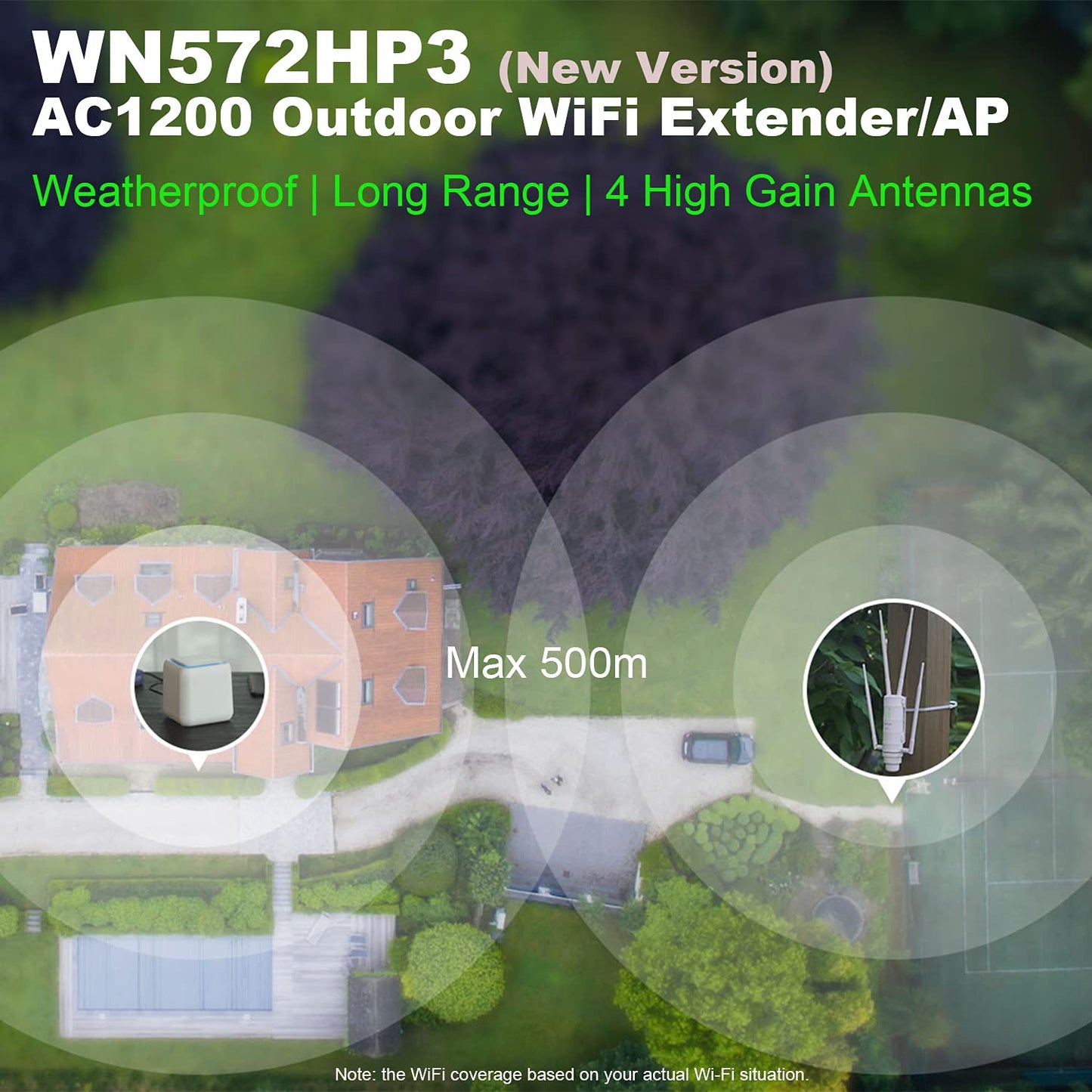 Dual-Band 2.4+5G 1200Mbps Outdoor Point d'Accès Extérieur/Répéteur WiFi Puissant/sans Fil Amplificateur WiFi/Mesh WiFi Extender (RJ45, 1xGigabit PoE LAN-Port, 802.11AC, 4 Antennes Externs, WN572HP3)