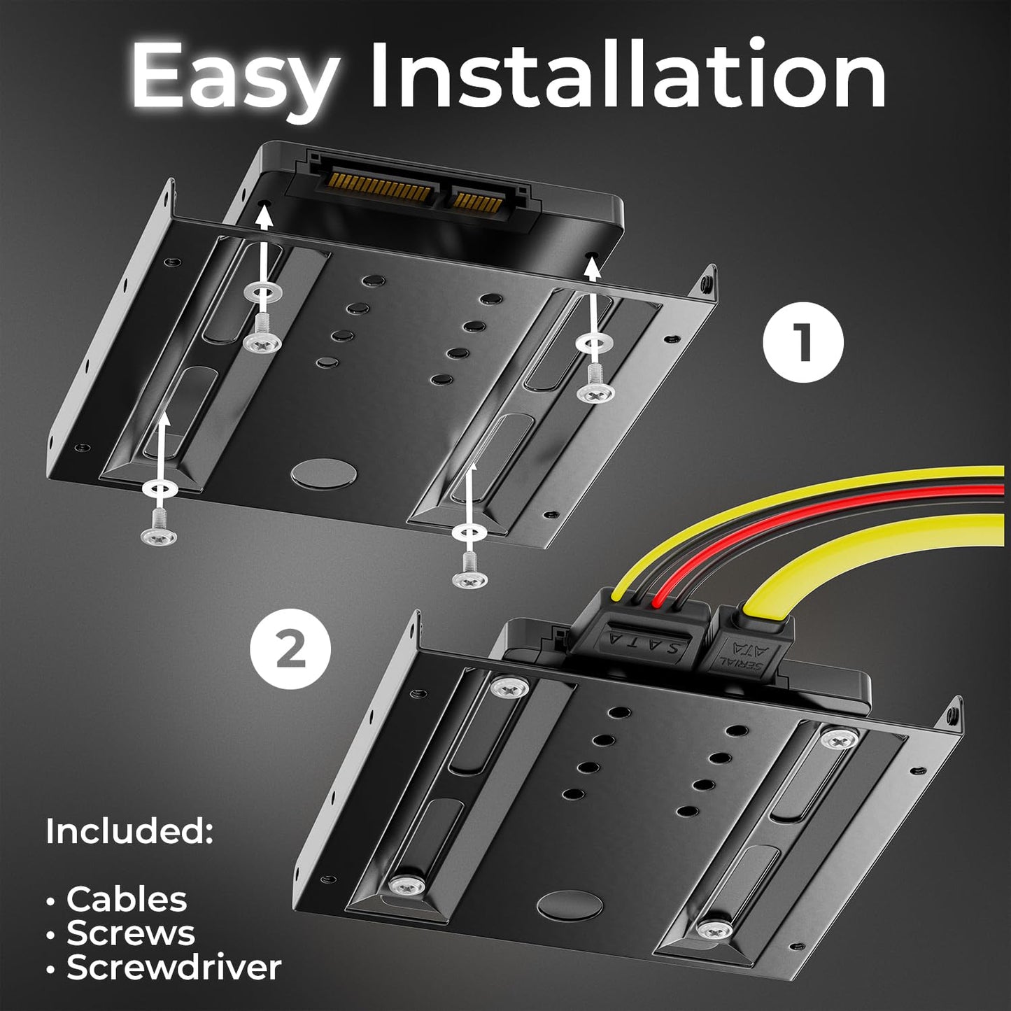 deleyCON Cadre de Montage pour Disques Durs 2,5 SSD's Sur 3,5 Adaptateur Cadre Amovible Cadre de Montage Support Rails avec Vis Adaptateur D'alimentation Câble SATA & Tournevis - Noir