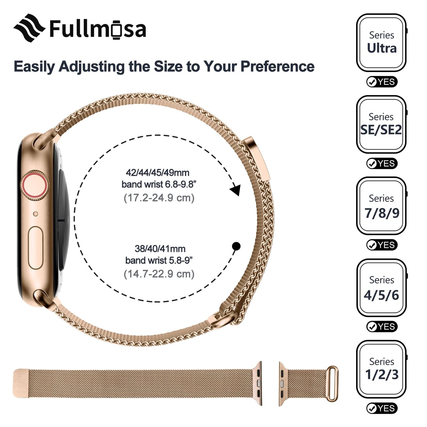 Fullmosa Compatible Bracelet Apple Watch 42(Series 10) 41mm 40mm 38mm pour Femmes Hommes, Boucle Milanaise en acier inoxydable, bracelet iWatch Series 10 9 8 7 6 5 4 3 2 1 SE, 42/41/40/38mm Or Rose