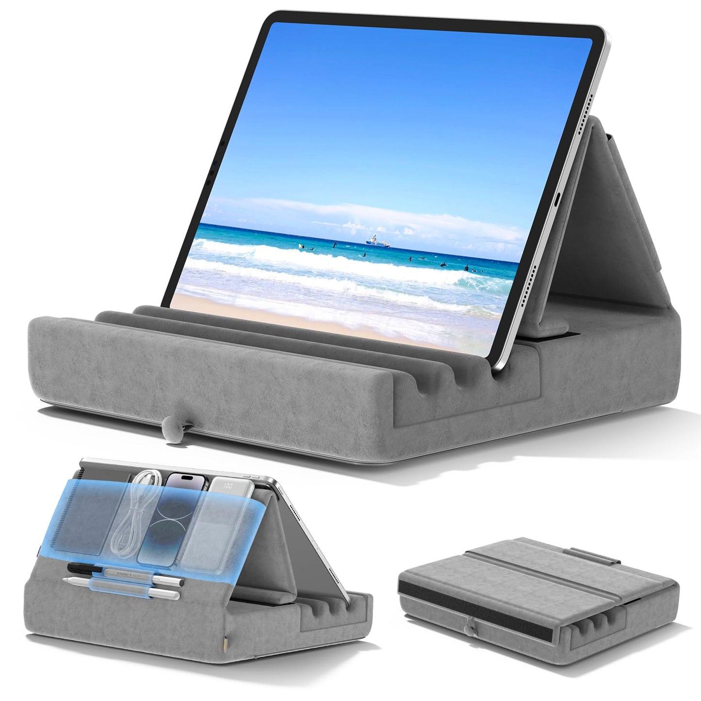 KDD Coussin de Support pour Tablette, Support Ipad Pliable pour Lit, Genoux, Bureau - Oreiller Repose Tablette avec Pochette & Support de Stylet pour Ipad Pro 12.9 10.5 9.7 Air Mini 6 5 4, Gris