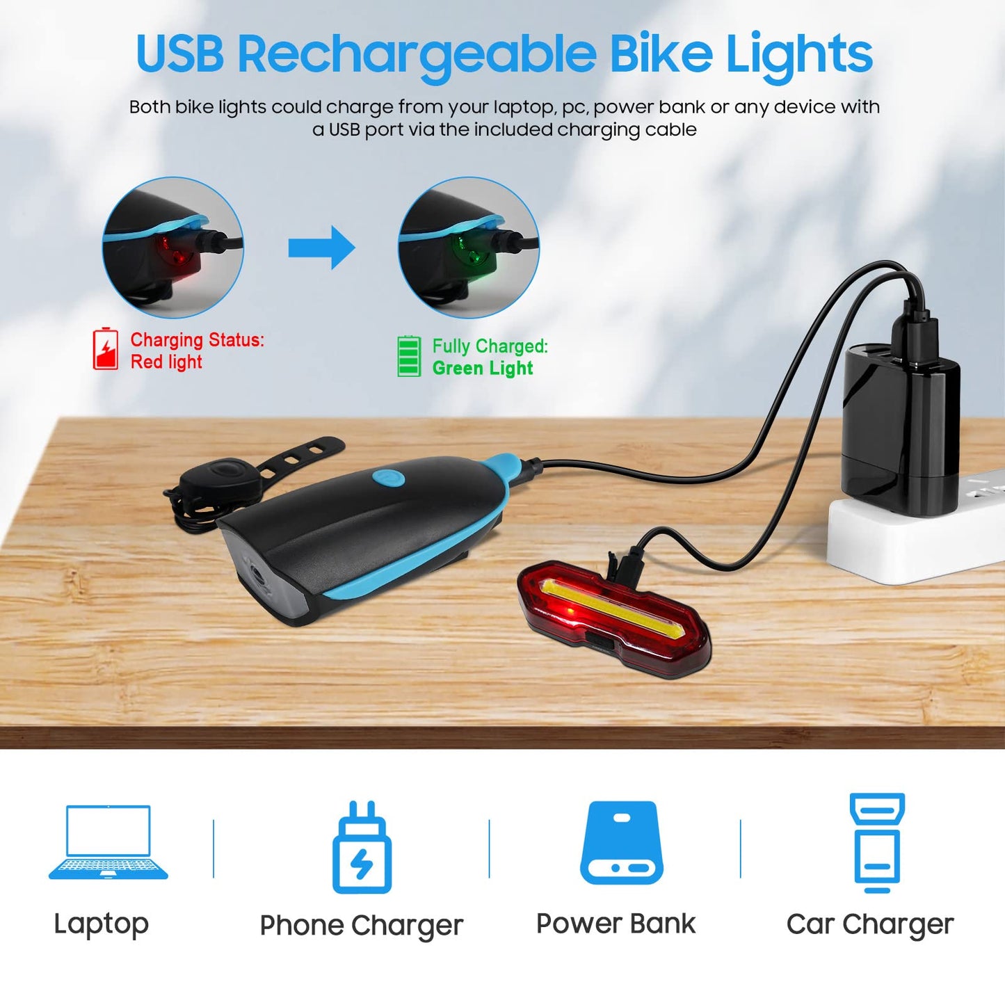 Lumiere Velo Avant et Arriere Lampe Velo LED Puissantes avec Buzzer Eclairage Velo USB Rechargeable Lumière Vélo Étanche IP65 Phare de Vélo 3 Modes et Feu Arriere Velo 5 Modes Accessoires Velo