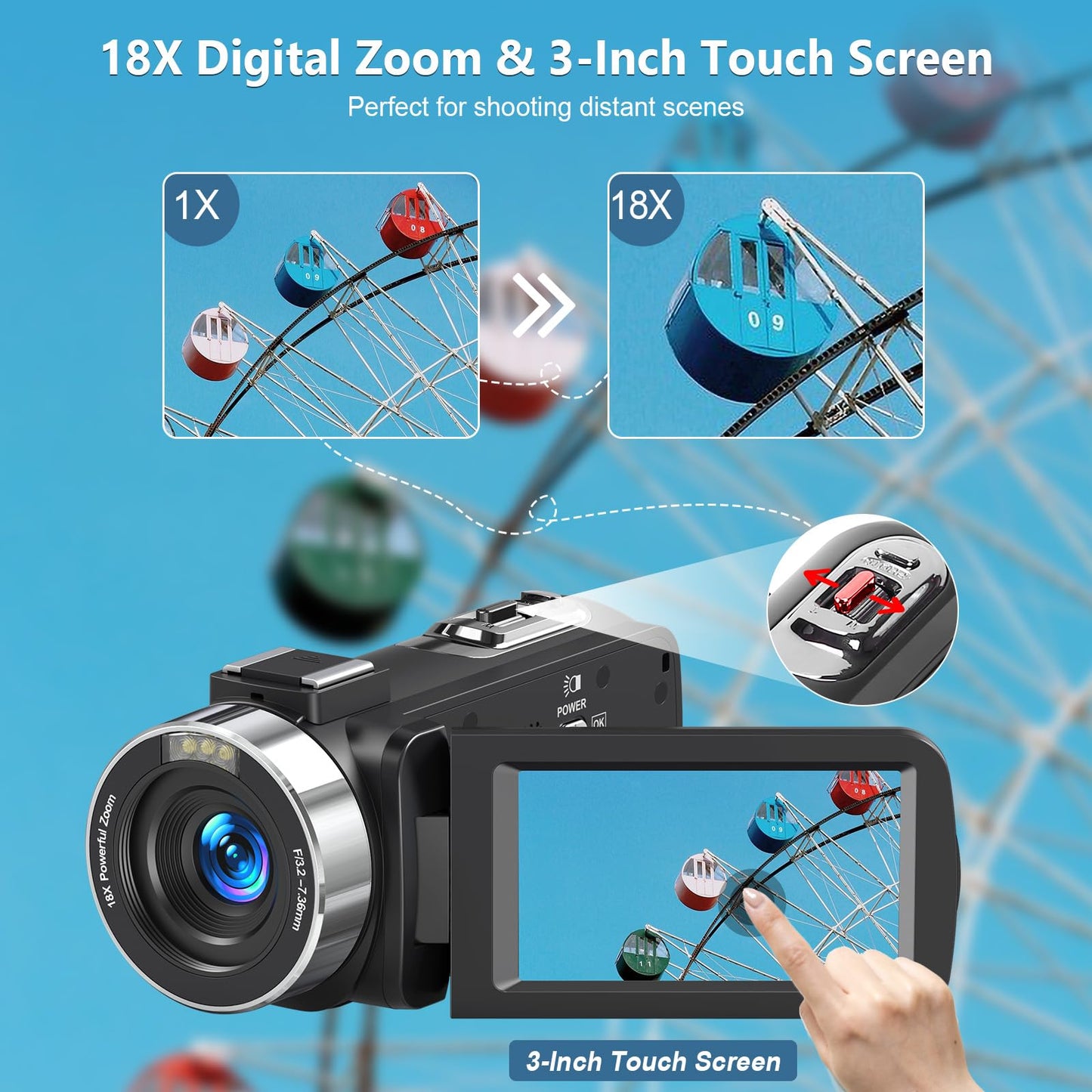 Caméscope 5K 64MP Caméra Vidéo Zoom Numérique 18X WiFi Webcam,à Vision Nocturne IR Caméra pour Youtube,30FPS Vlogging Caméra de à Écran Tactile HD 3" avec 2 Piles,Microphone,Télécommande 2,4G,Carte SD