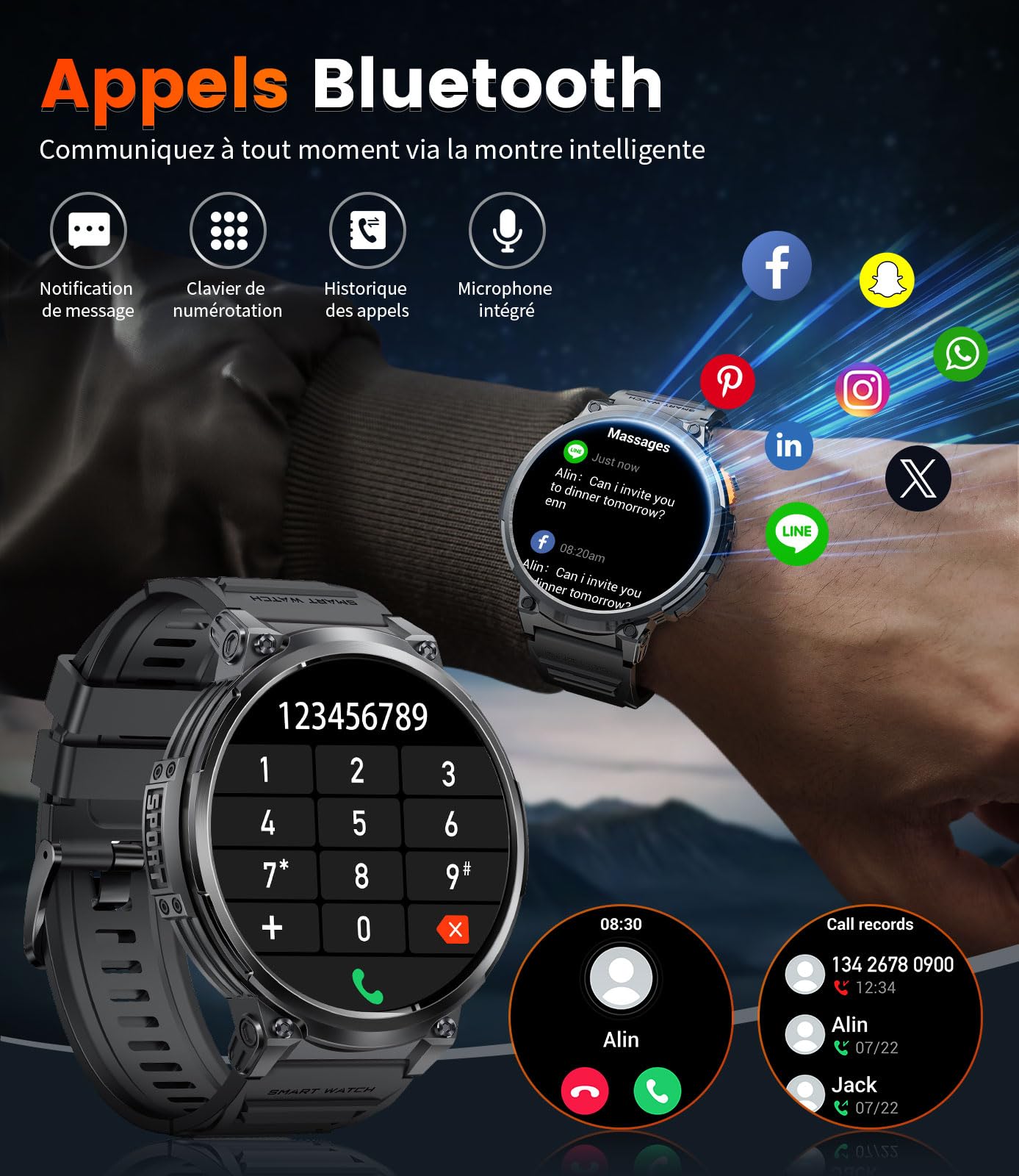 LIGE Montre Militaire Homme, 1,85" IPS écran Montre Homme, IP68 Montre Connectée Homme Etanche, Bluetooth Voix Appel Surveillance du Sommeil Surveillance de la Fréquence Cardiaque, Android iOS