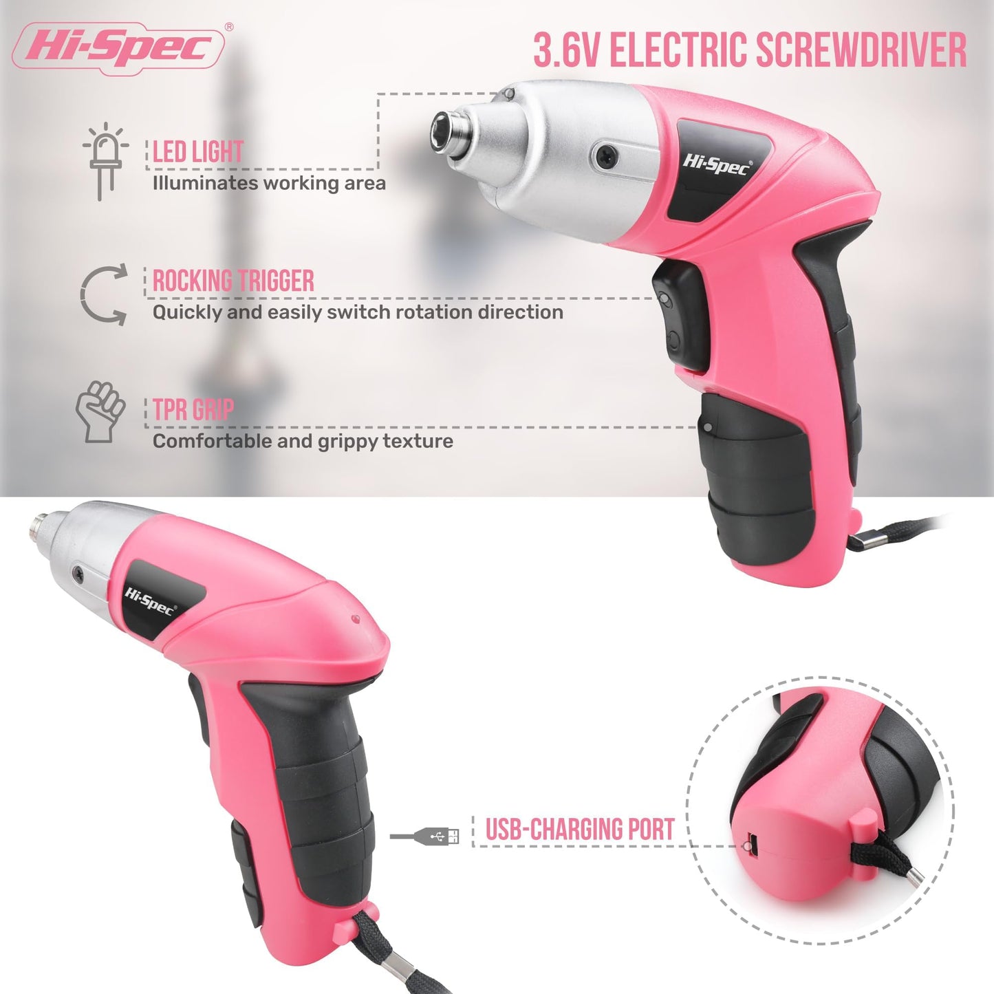 Hi-Spec Visseuse Sans Fil 3.6V Rose, Tournevis Electrique Rechargeable USB 27 Pièces, 23 Embouts,Outils Bricolage pour Maison et Bureau