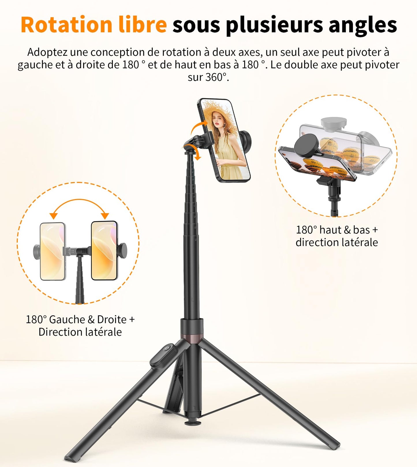 TONEOF 168cm Perche Selfie Trépied à Ouverture Automatique, Trépied Téléphone avec Télécommande Magnétique Rechargeable,Support Rotatif à 360° à 2 Axes,Trépied Stable pour iPhone/Android-Noir