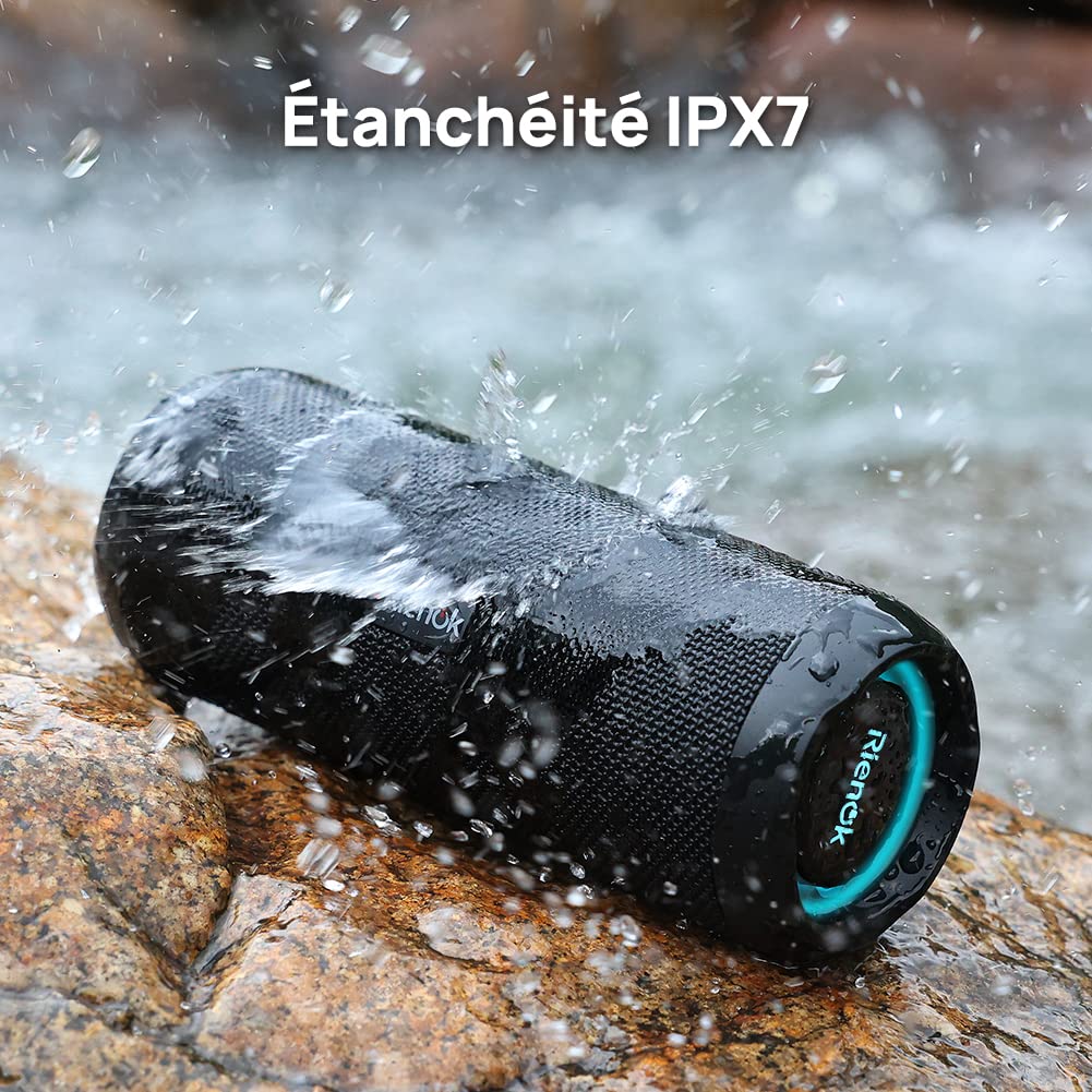 RIENOK Enceinte Portable Bluetooth aux Basses Renforcées, 30H, Bluetooth 5.3, 30W Enceinte Puissante, IPX7, AUX, TF Carte, pour Fêtes/Voyage/Extérieur, Noir