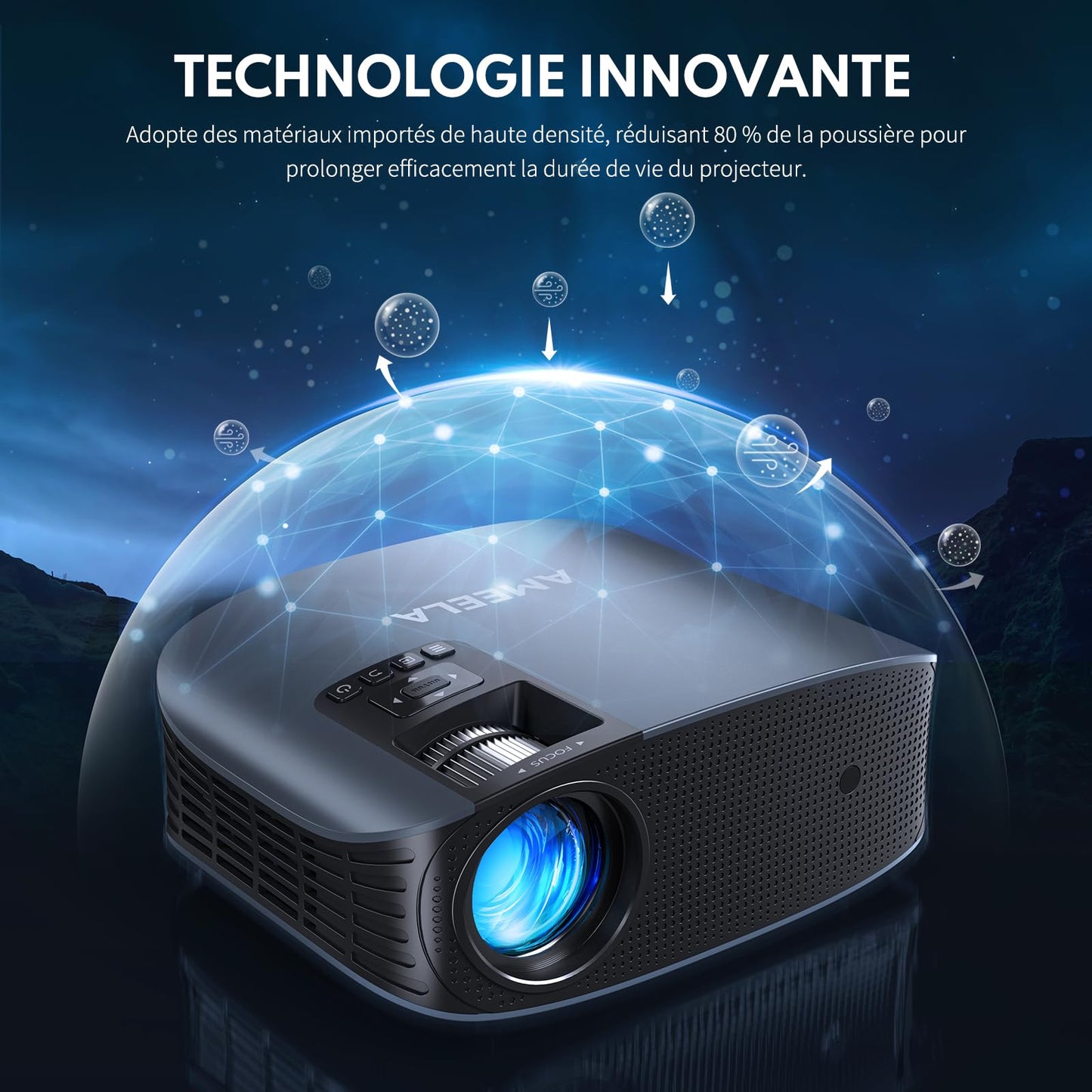 Projecteur, AMEELA 4K Vidéoprojecteur avec WiFi et Bluetooth, projecteur Full HD 1080P pour Home Cinéma Dolby Audio, Zoom 50%-100% / Affichage 300", Compatible avec Fire/TV Stick/iphone/PS5/Android