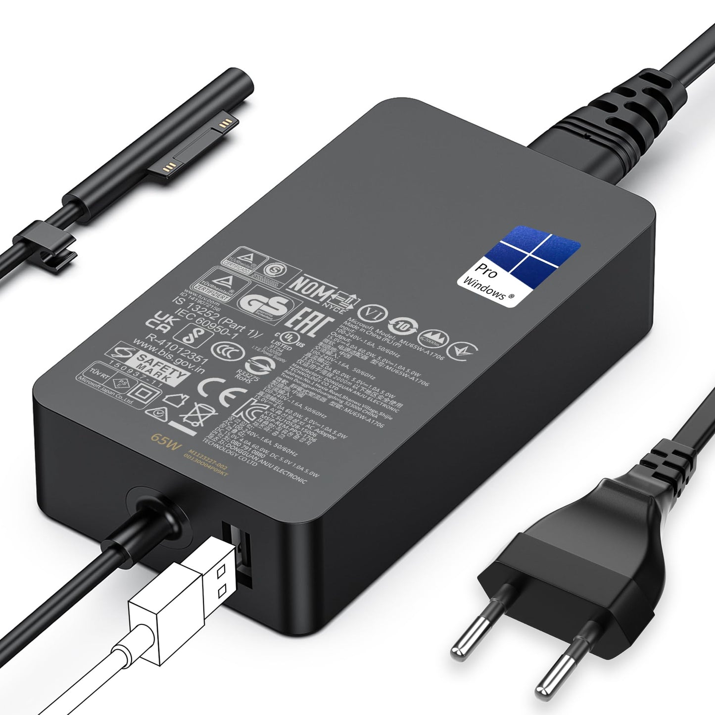 Chargeur Microsoft Surface,65W Chargeur Surface pour Surface Pro 3/4/5/6/7/7+/8/9, Surface Laptop 1/2/3/4/5/6, Surface Book 1/2/3, Surface Go 2/Go3/Go4, Surface Laptop Go 2/3/4, Surface Laptop Studio