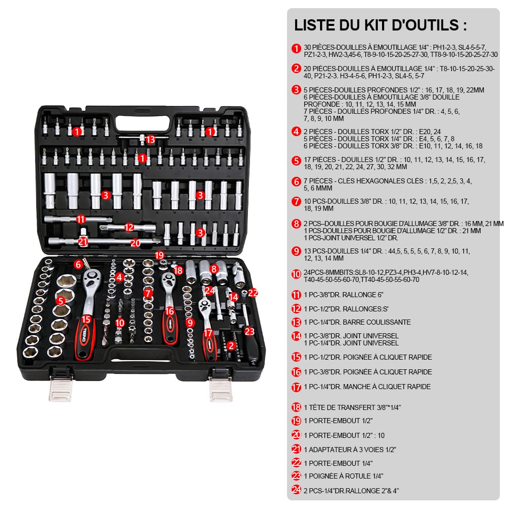 TEENO Coffret de douille et embouts Mallette à Outils, Coffret Douille et Cliquet 1/2 inch et 1/4 inch, 3/8 inch (72 Dents) 172 pcs Chrome Vanadium Mat Satinée