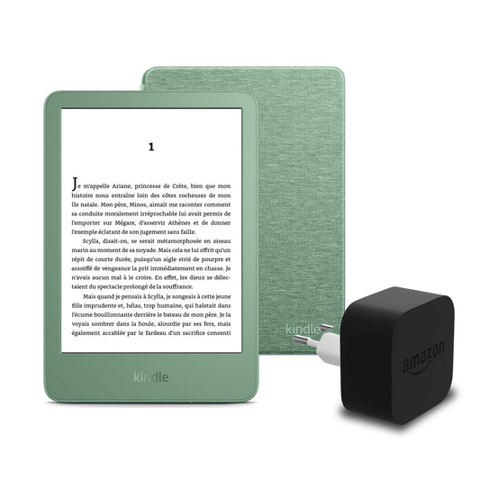 Le nouveau Kindle (version 2024) 16 GB sans publicité, une housse en tissu Amazon et un adaptateur secteur Amazon Powerfast 9 W.