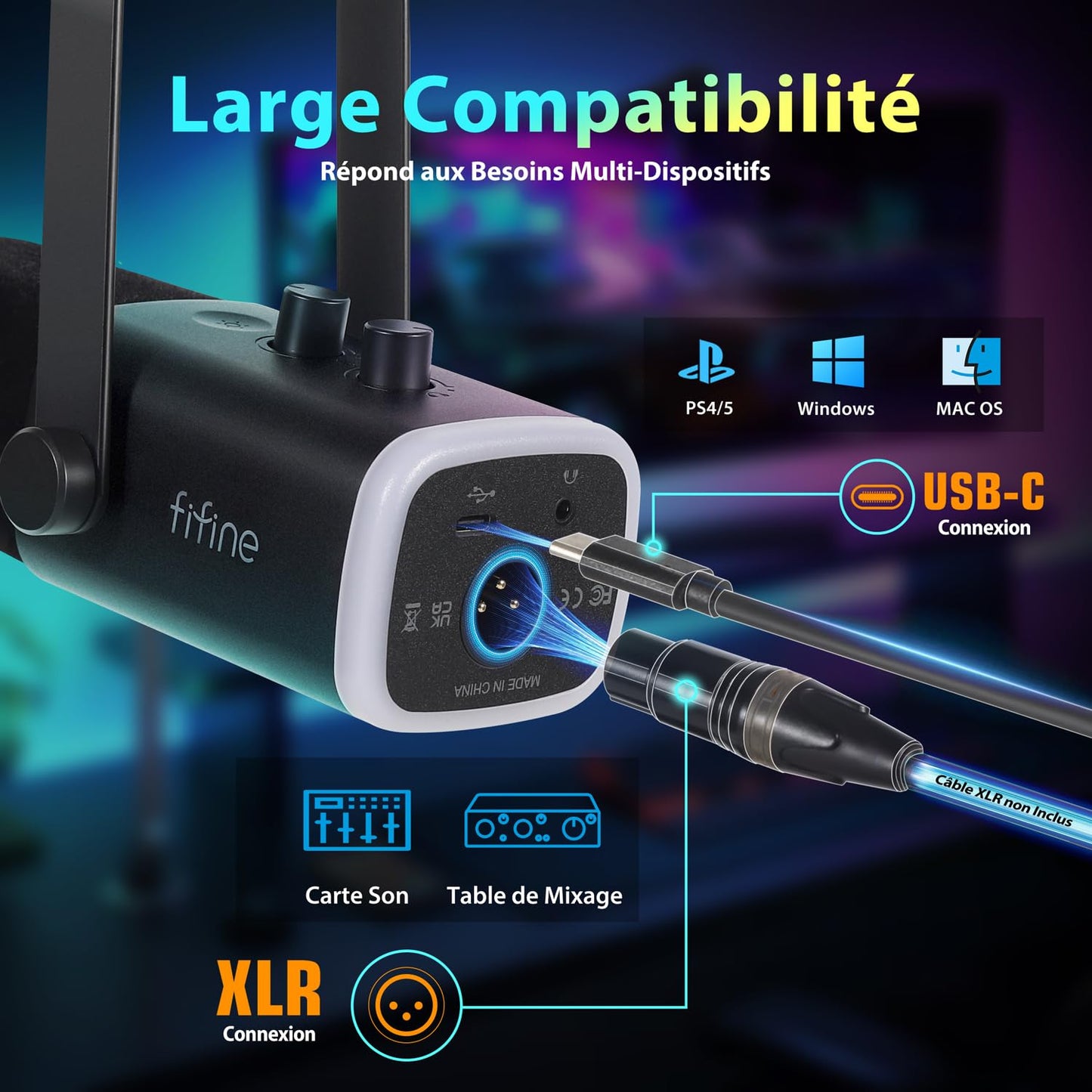 FIFINE USB/XLR Streaming Micro Gaming pour PC PS4 PS5, RGB Cardioïde Dynamique Microphone avec Support, pour Mixer Cartes Son, pour Gaming, Podcasting, Broadcasting, Enregistrement Vocal