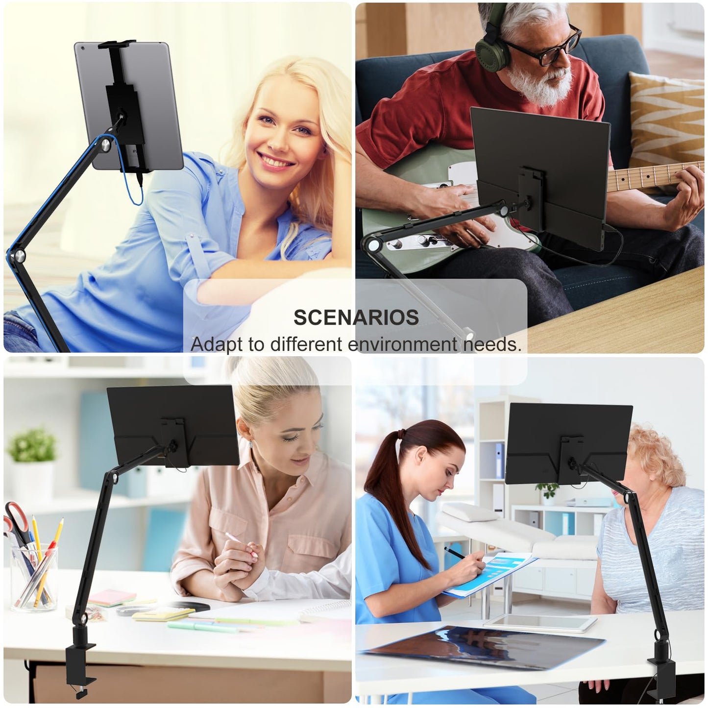 MSDONG Support de tablette pour iPad, portable, support de bureau pour écran de 15,6 à 16 ", manches longues en aluminium avec base rotative à 360 °, compatible avec écran de 4,7 à 16", iPad, Kindle