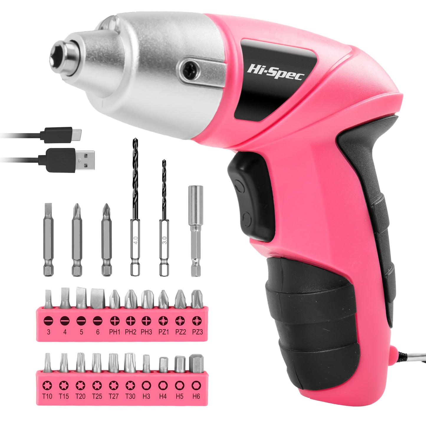 Hi-Spec Visseuse Sans Fil 3.6V Rose, Tournevis Electrique Rechargeable USB 27 Pièces, 23 Embouts,Outils Bricolage pour Maison et Bureau