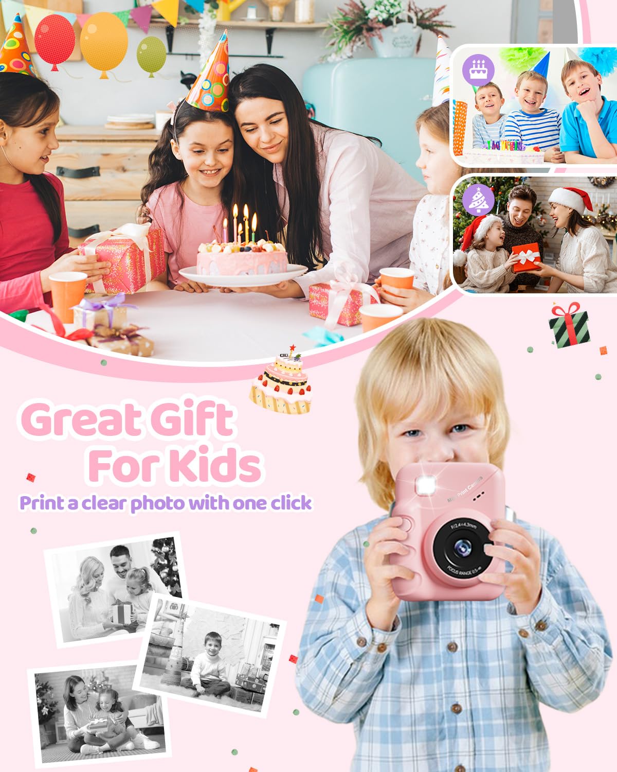 Appareil Photo Instantané Enfant, TIATUA 3.0" Grand Écran 48MP 1080P HD Appareil Photo Numérique Enfant avec Carte 32GB et Papier Photo Imprimé, Stylos Colorés, Cadeau pour Filles Garçons 3-12 Ans