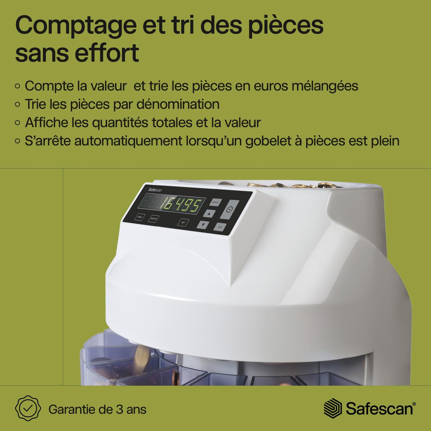 Safescan 1250 EUR compteuse de monnaie qui compte et trie rapidement les pièces en euros mélangées-Trieuse monnaie qui trie les pièces par dénomination - Monnayeur pour un comptage continu des pièces