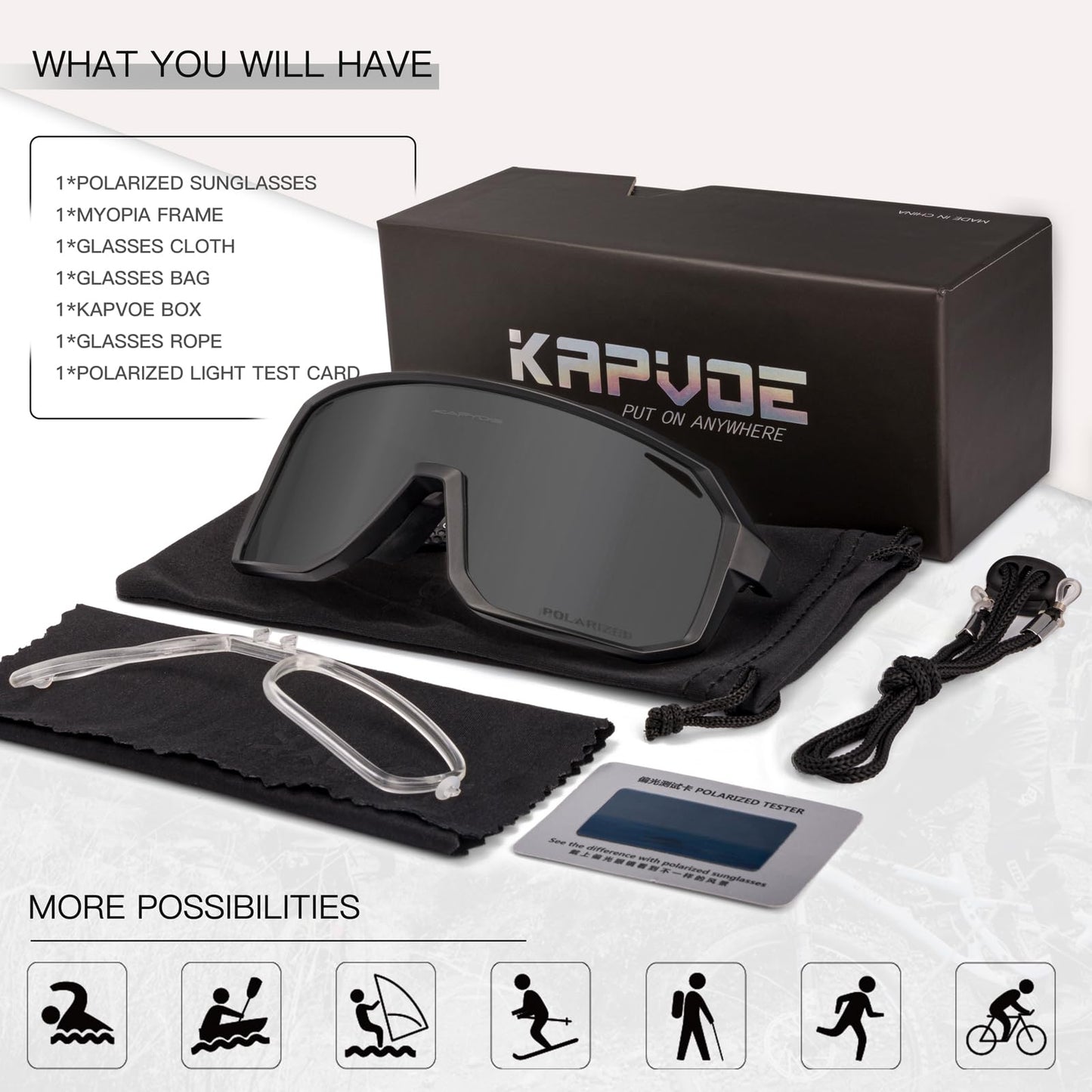 KAPVOE Lunette De Cyclisme Polarisées Homme Lunette VTT Lunette Velo Femme Lunettes de Soleil Velo Lunette Course à Pied Lunette Velo Route TR90 Lunette de Soleil Sport PêChe Course Noir