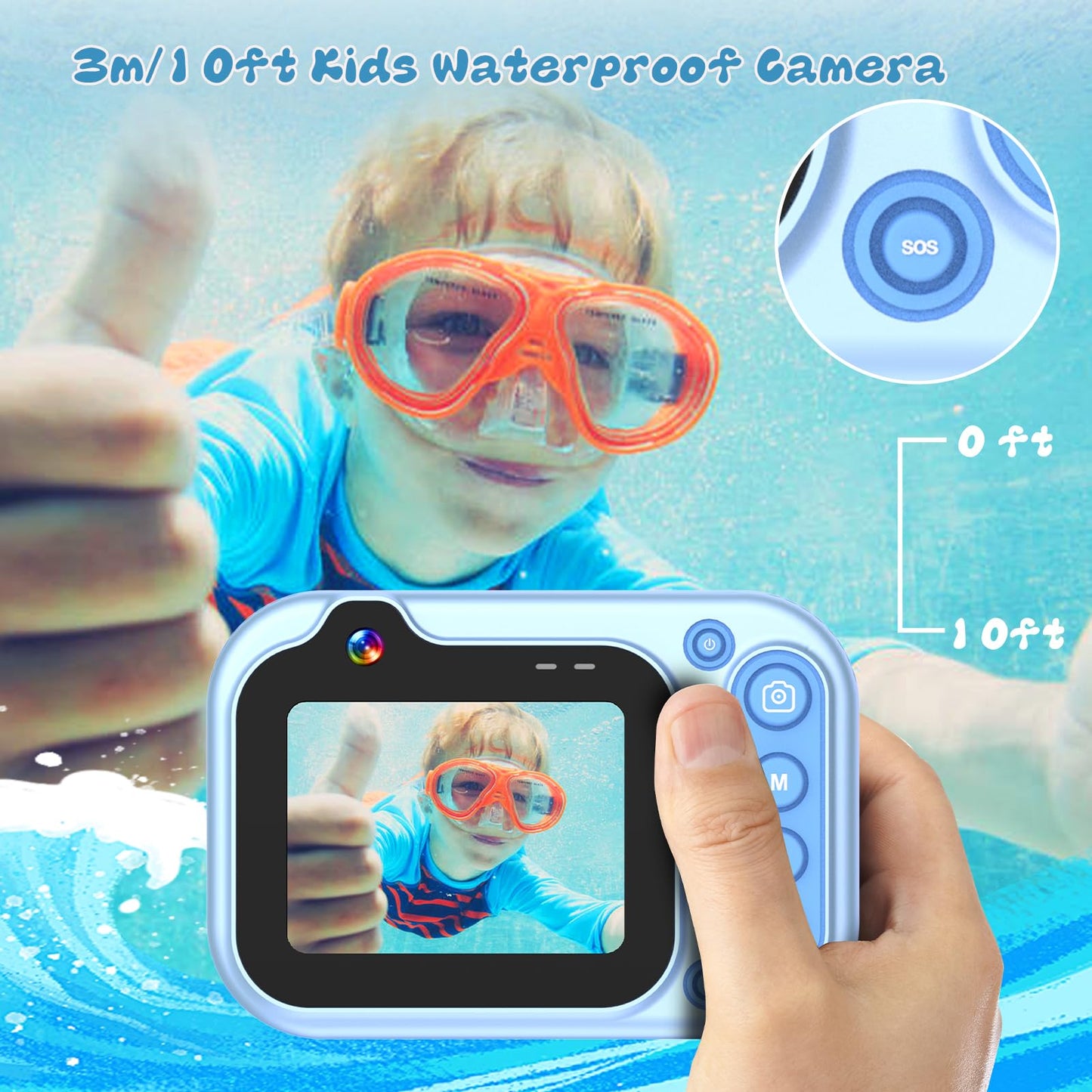 Appareil Photo Numérique Etanche 10FT 1080P Full HD 26MP Camera Etanche, 10X Zoom Numérique Caméras Étanches pour Plongée en Apnée, Selfies sous-Marins, Natation, Plage, Parc Aquatique - Bleu