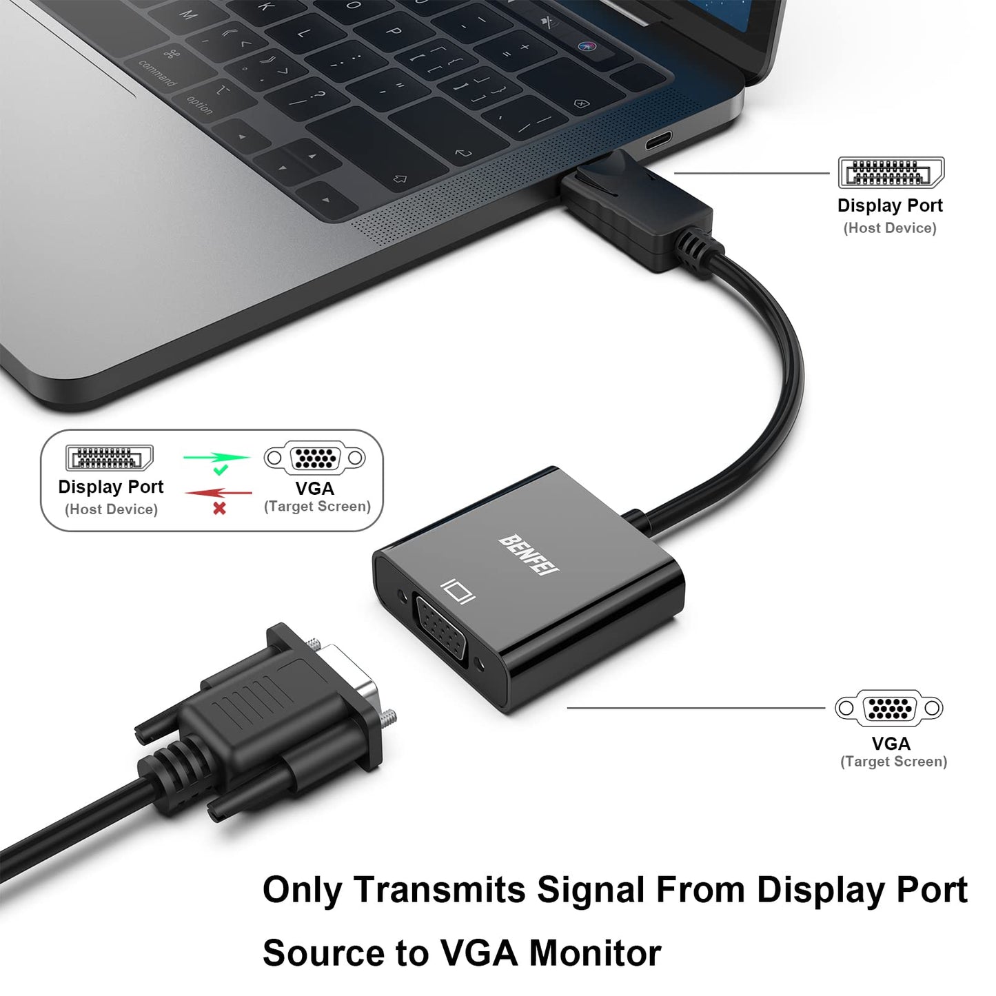 BENFEI Adaptateur DisplayPort vers VGA plaqué Or DP vers VGA (mâle vers Femelle) Compatible avec Lenovo, Dell, HP, ASUS