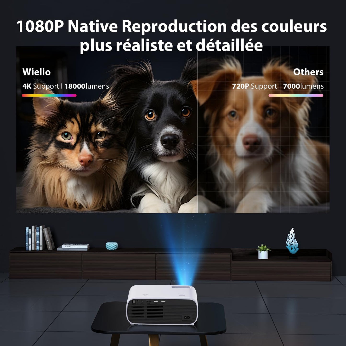 2025 Nouveau Mini projecteur, Videoprojecteur Full HD 18000 lumens, Retroprojecteur résolution 1080P, supporte la 4K, avec Bluetooth et WiFi, Compatible iOS/Android / PS5(Noir)