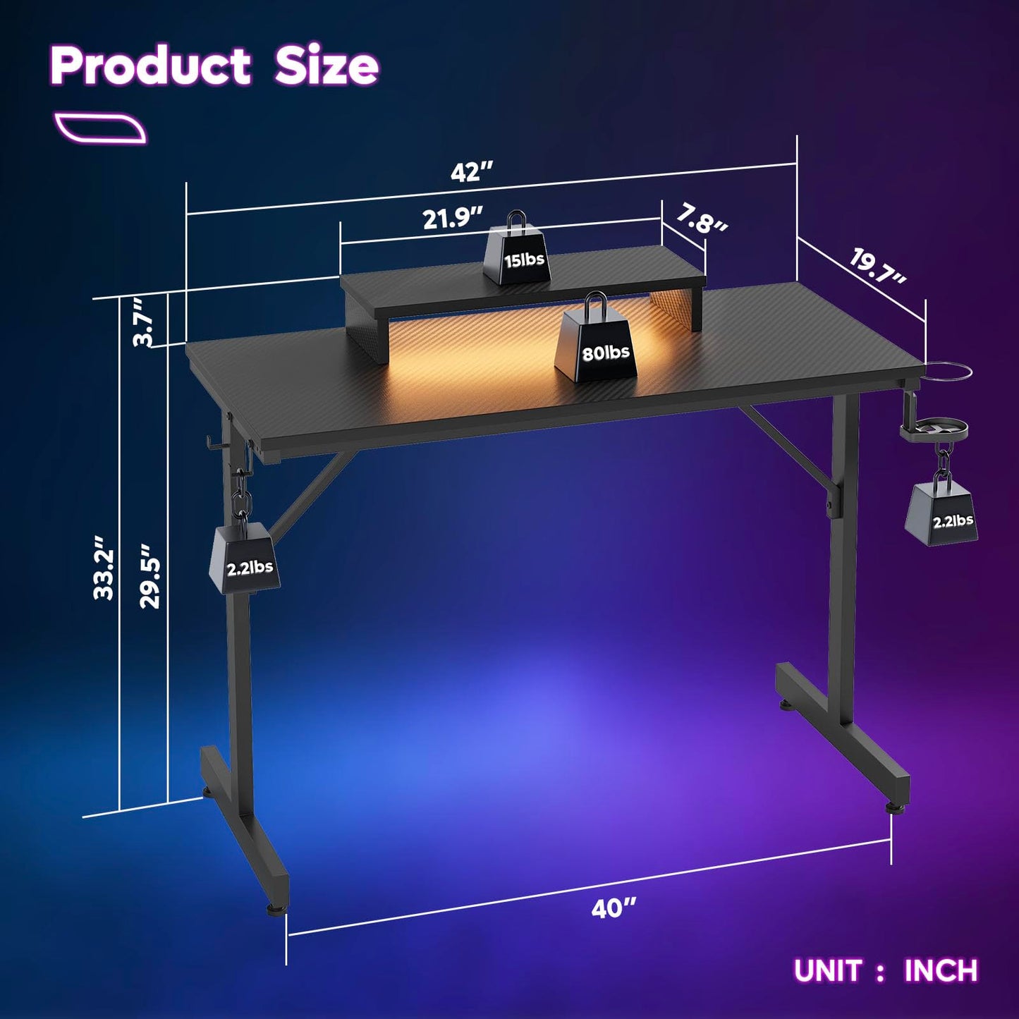 Bestier Bureau de Jeu LED avec Support d'Écran, Porte-Gobelet et Crochet pour Casque, Table d'Ordinateur Compacte 106 cm, Design en Fibre de Carbone Noire pour Bureau ou Chambre