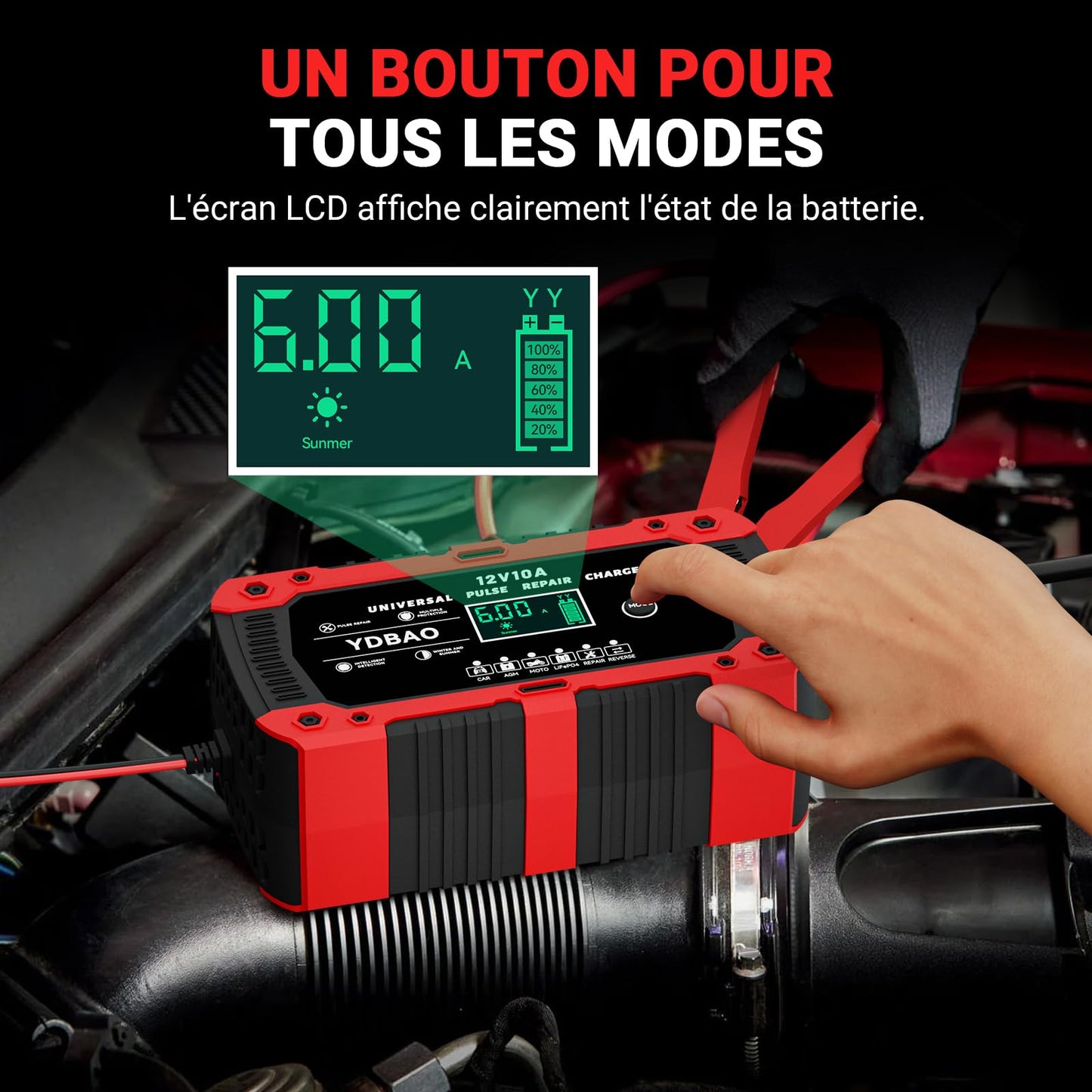 YDBAO Chargeur de Batterie Voiture 12V 10A LiFePO4 Chargeur pour Auto Moto Intelligent avec Réparation Écran LCD 6 Modes pour AGM Gel SLA Wet